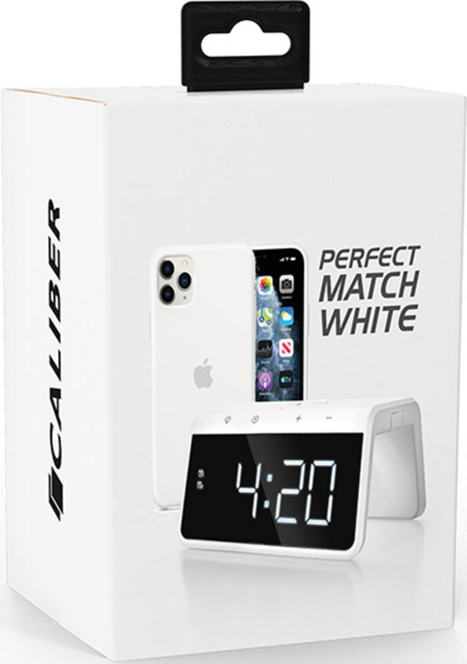 White box with a white phone and alarm clock. "PERFECT MATCH WHITE" text.