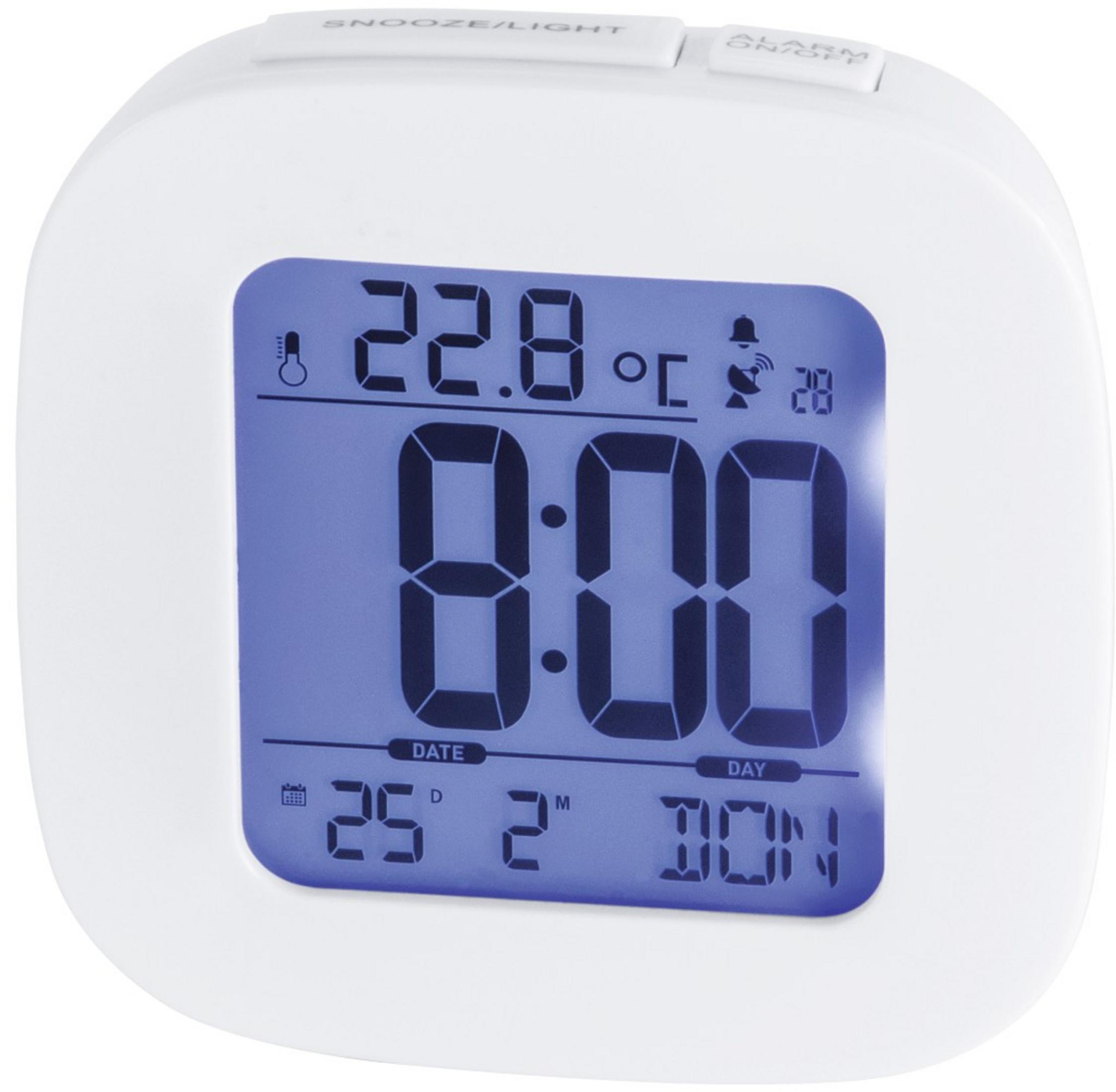 Ein weißer digitaler Wecker zeigt 22.8 Grad Celsius, 0:00 Uhr und 25.2 Tage an.