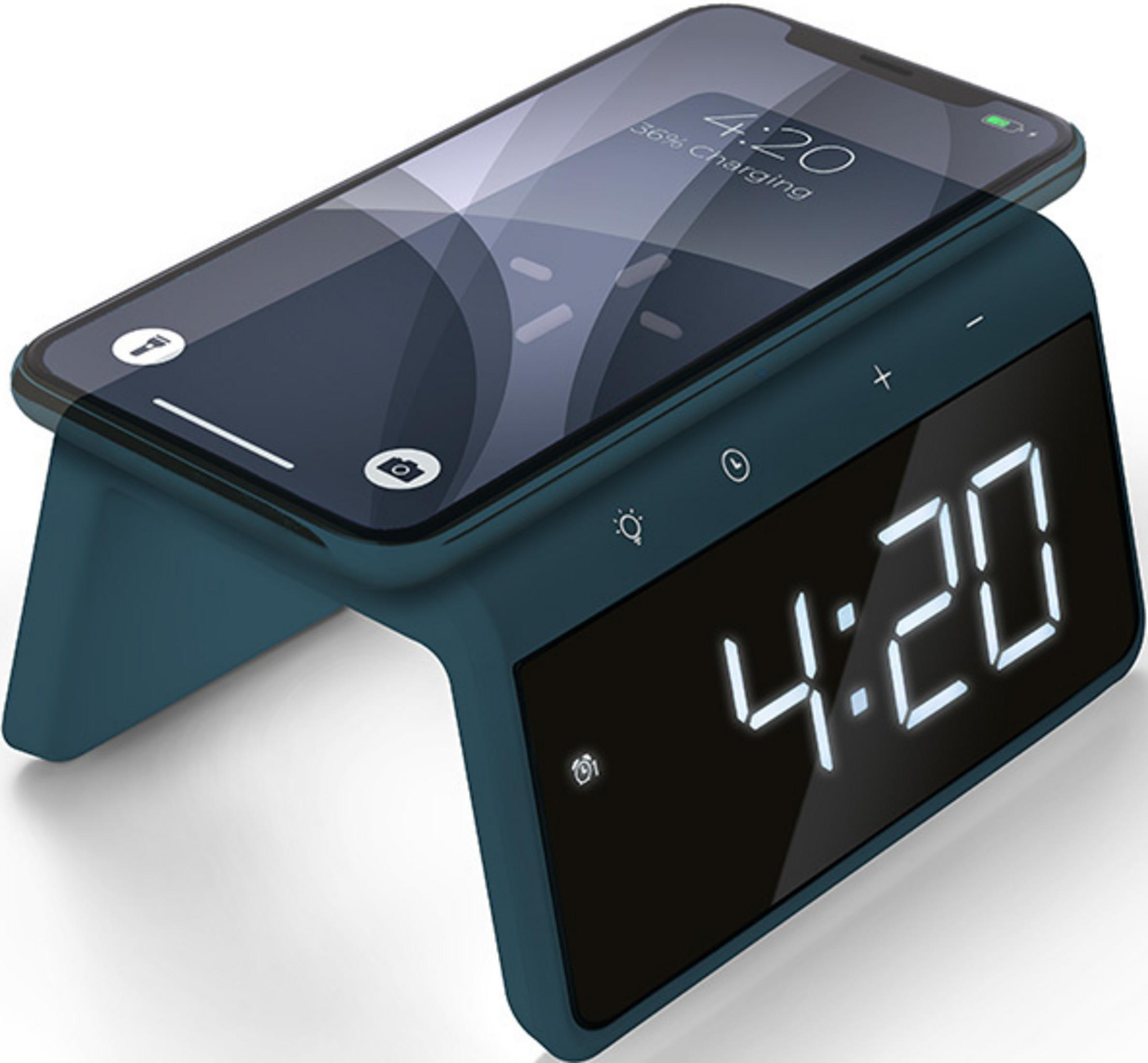 A blue charging alarm clock device with a smartphone showing 36% charged.