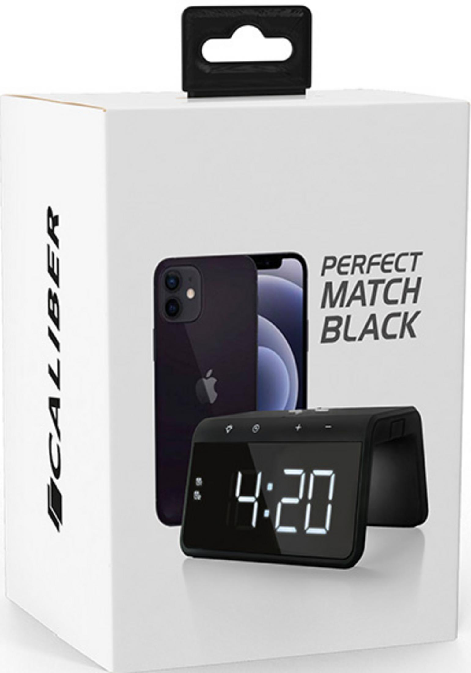 Product box with black iPhone and black alarm clock showing 4:20.