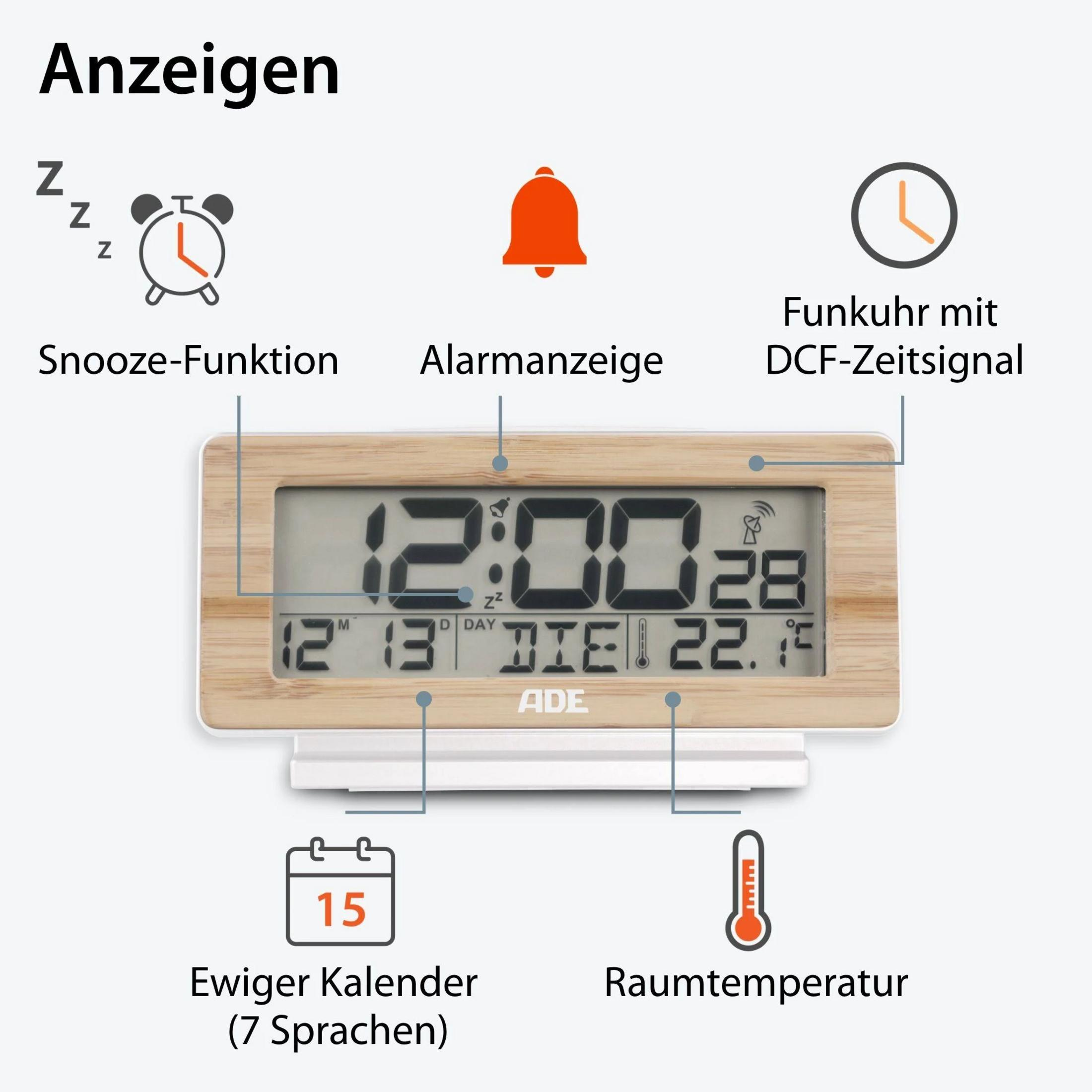 Digitaluhr mit Snooze, Alarm, Kalender, Temperatur und DCF-Funkuhr.