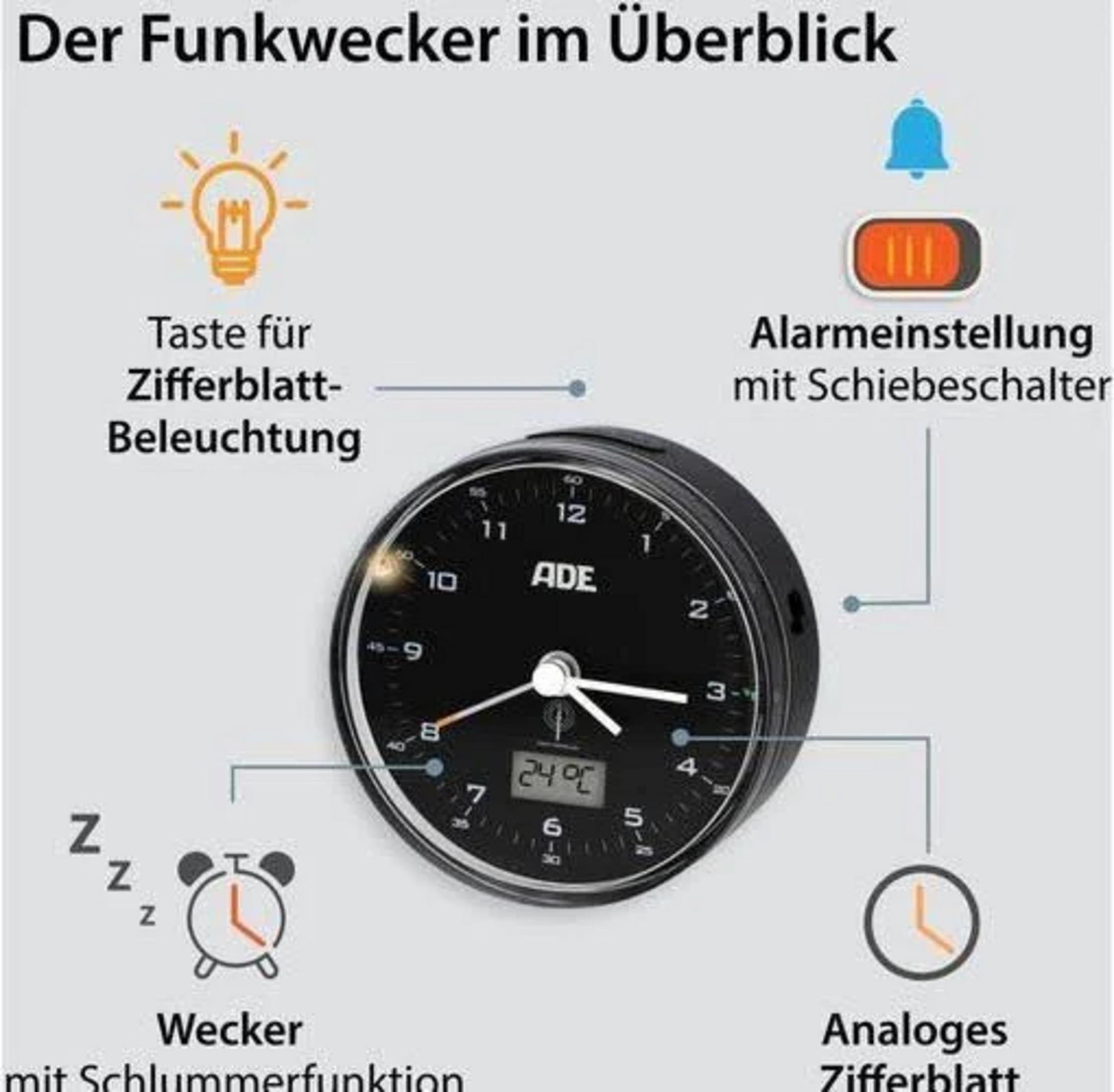 Una radiosveglia con quadrante analogico, display della temperatura e funzione snooze.