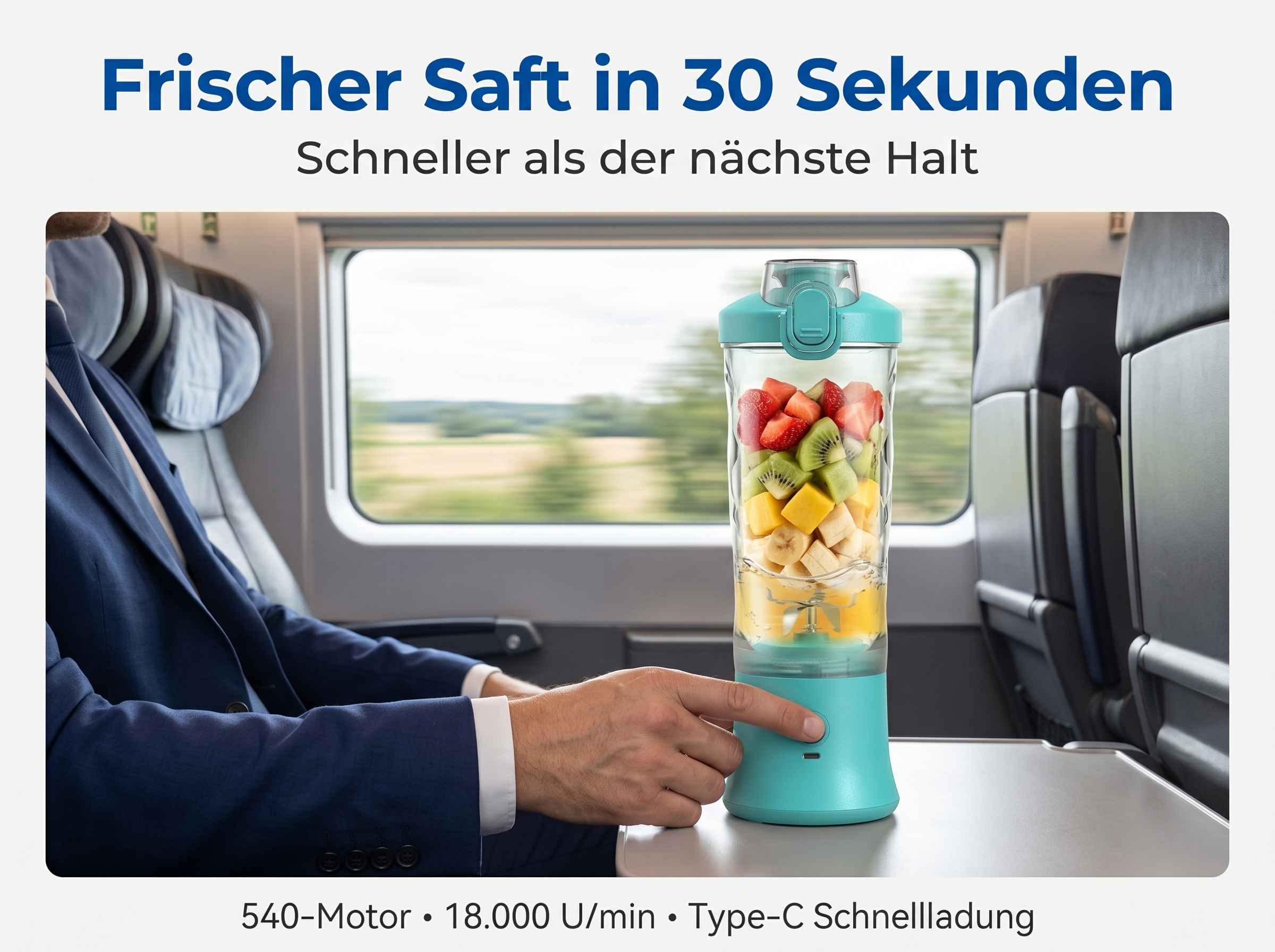 Ein Mann im Anzug mixt Fruchtsaft in einem tragbaren Mixer im Zug.