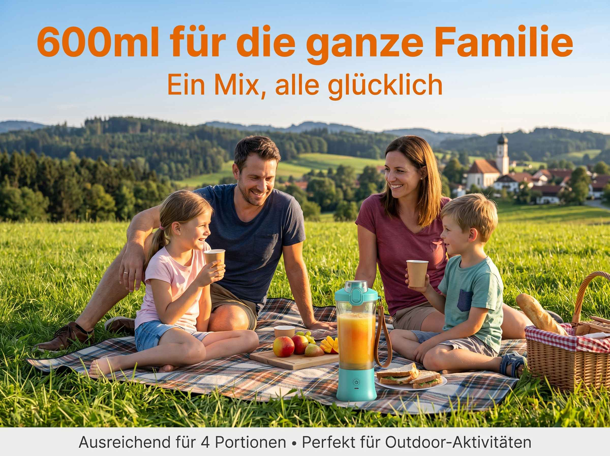 Familie beim Picknick im Freien mit Saft, Obst und Sandwiches.