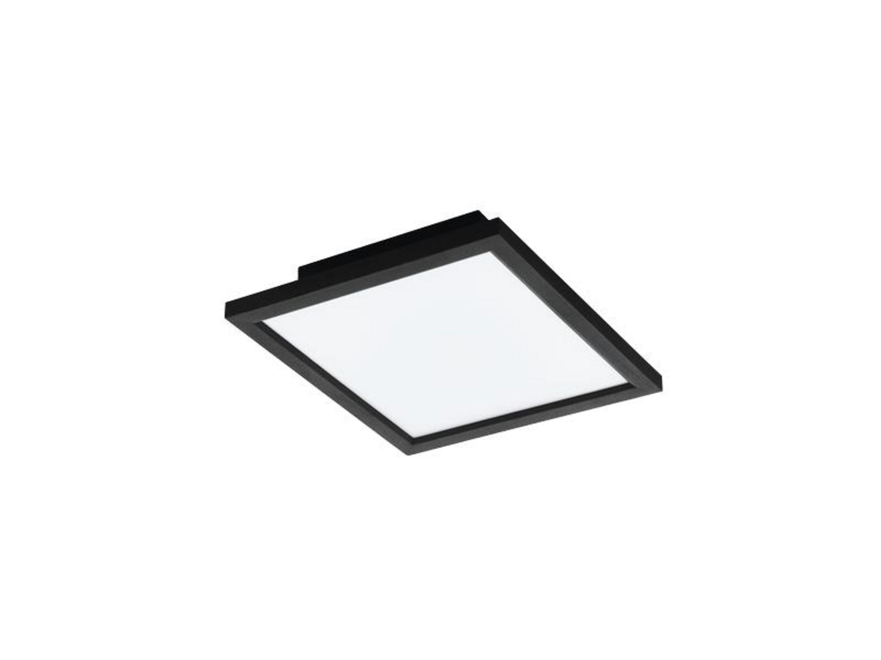 Una plafoniera rettangolare nera con pannello luminoso bianco.