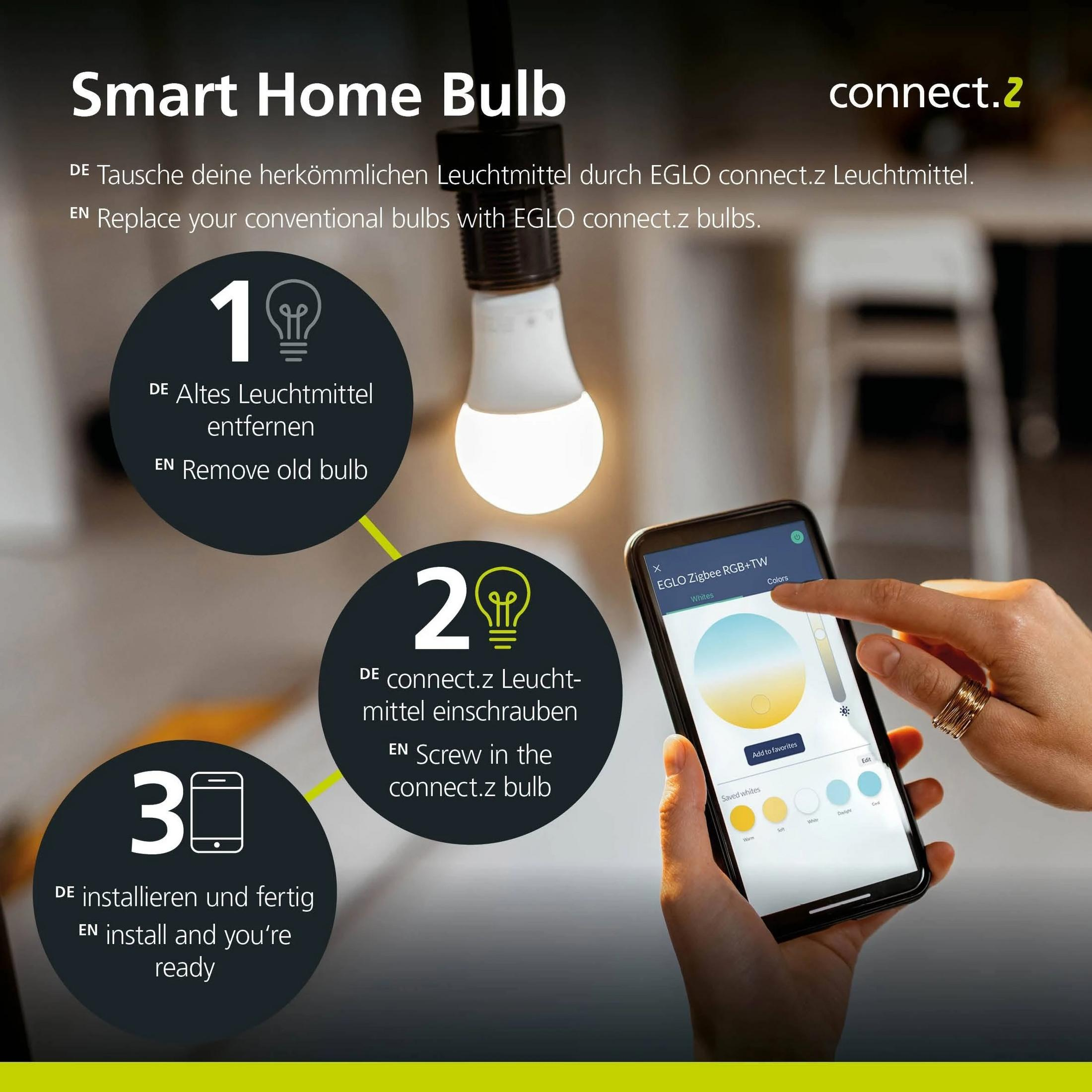 Guida lampadina smart home: Rimuovere vecchia lampadina, avvitare nuova, installare app.