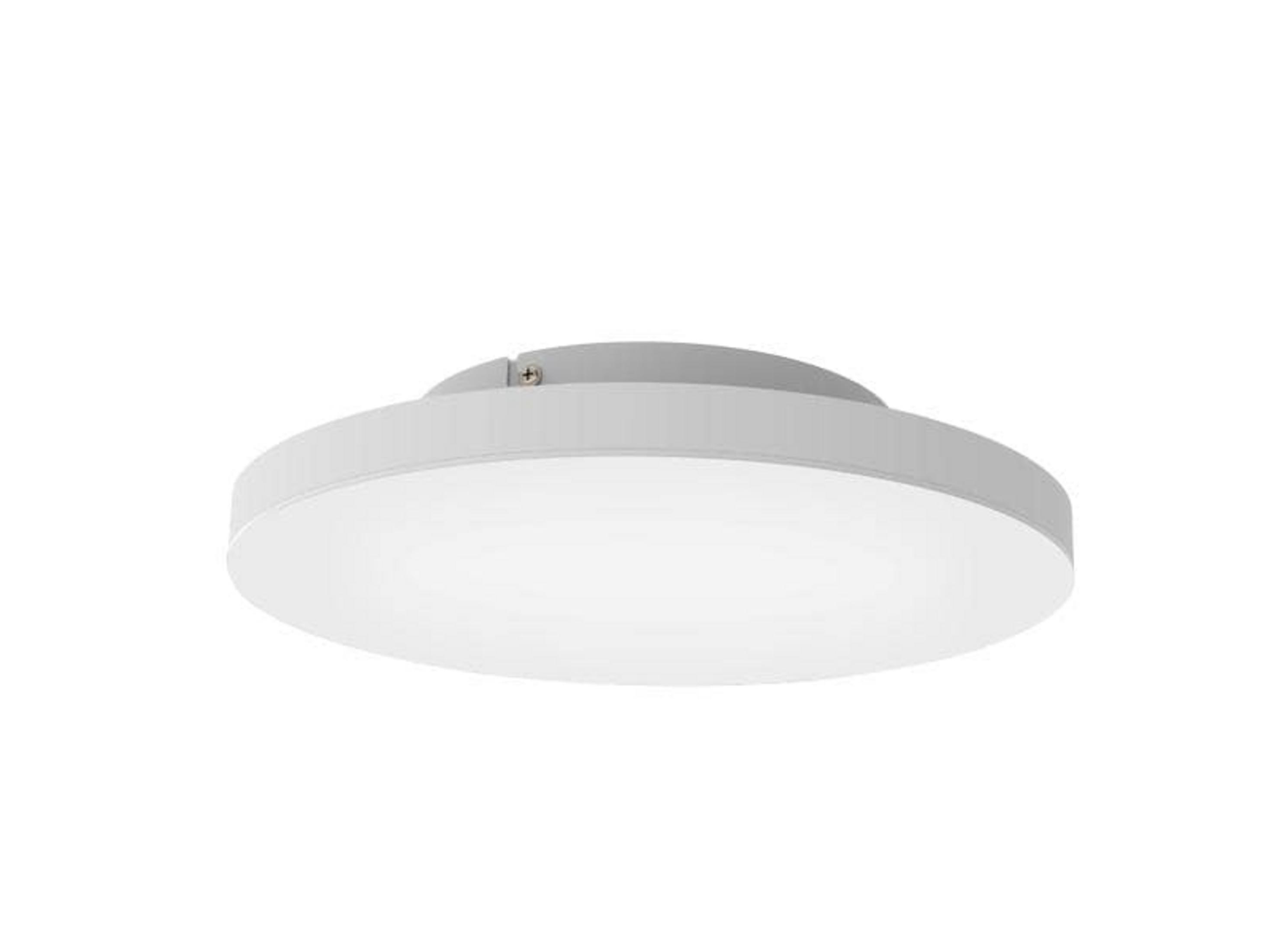 Una plafoniera rotonda bianca con diffusore piatto e bordo grigio.
