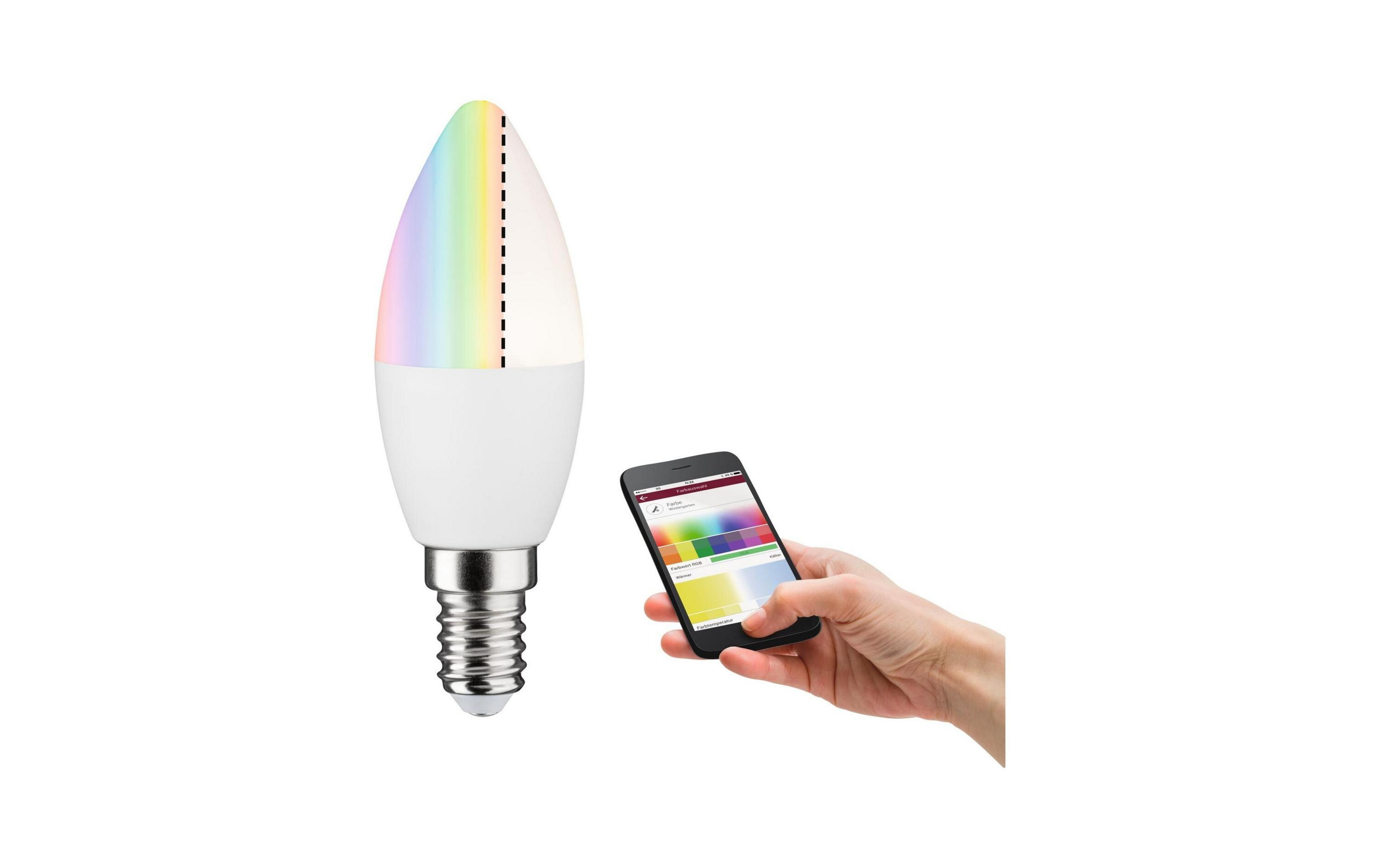 Eine smarte Glühbirne mit Farbverlauf und ein Smartphone mit Farbsteuerungs-App.
