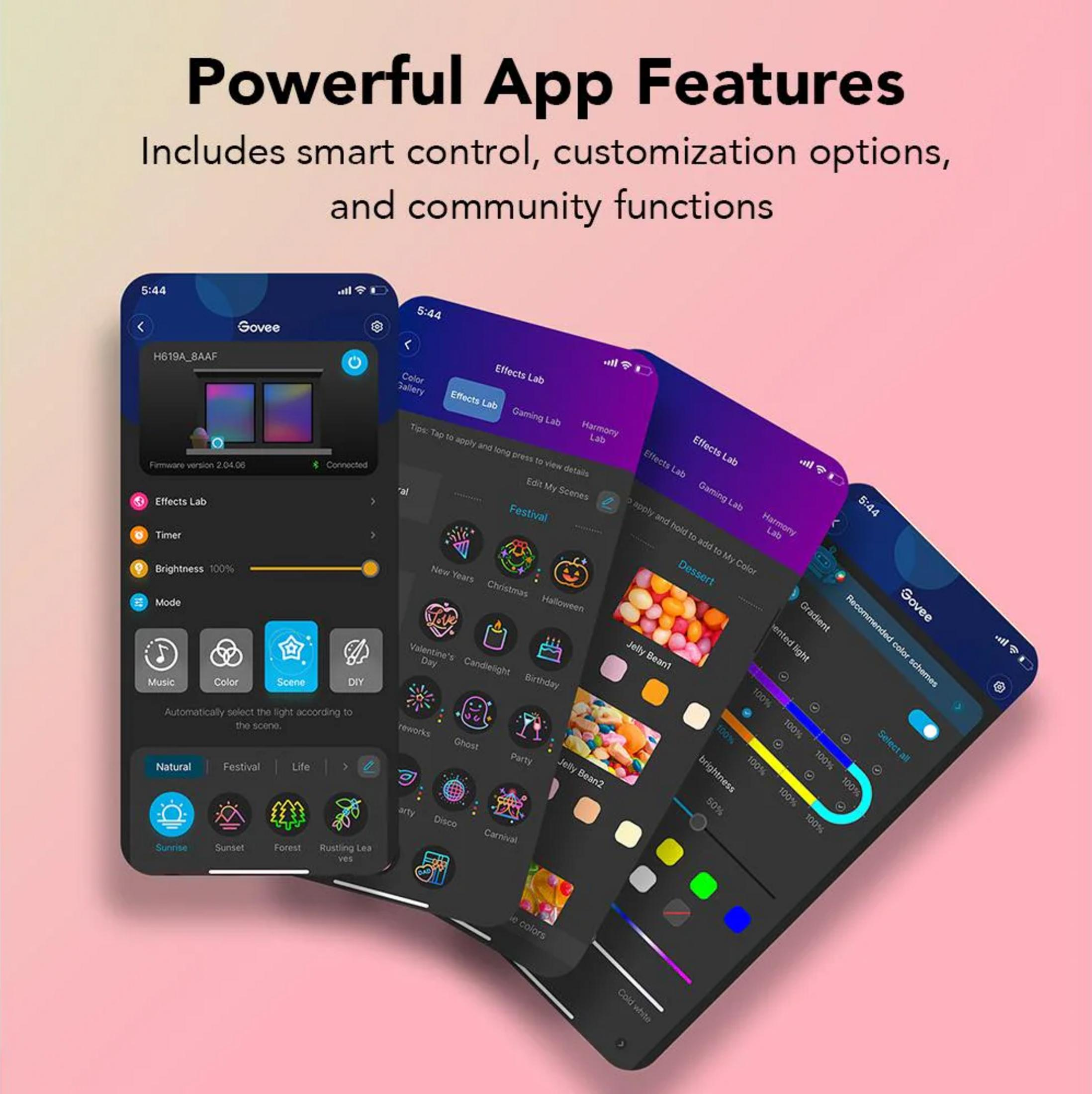 Molti schermi di smartphone mostrano un'app con opzioni di controllo della luce come colore, scene e musica.