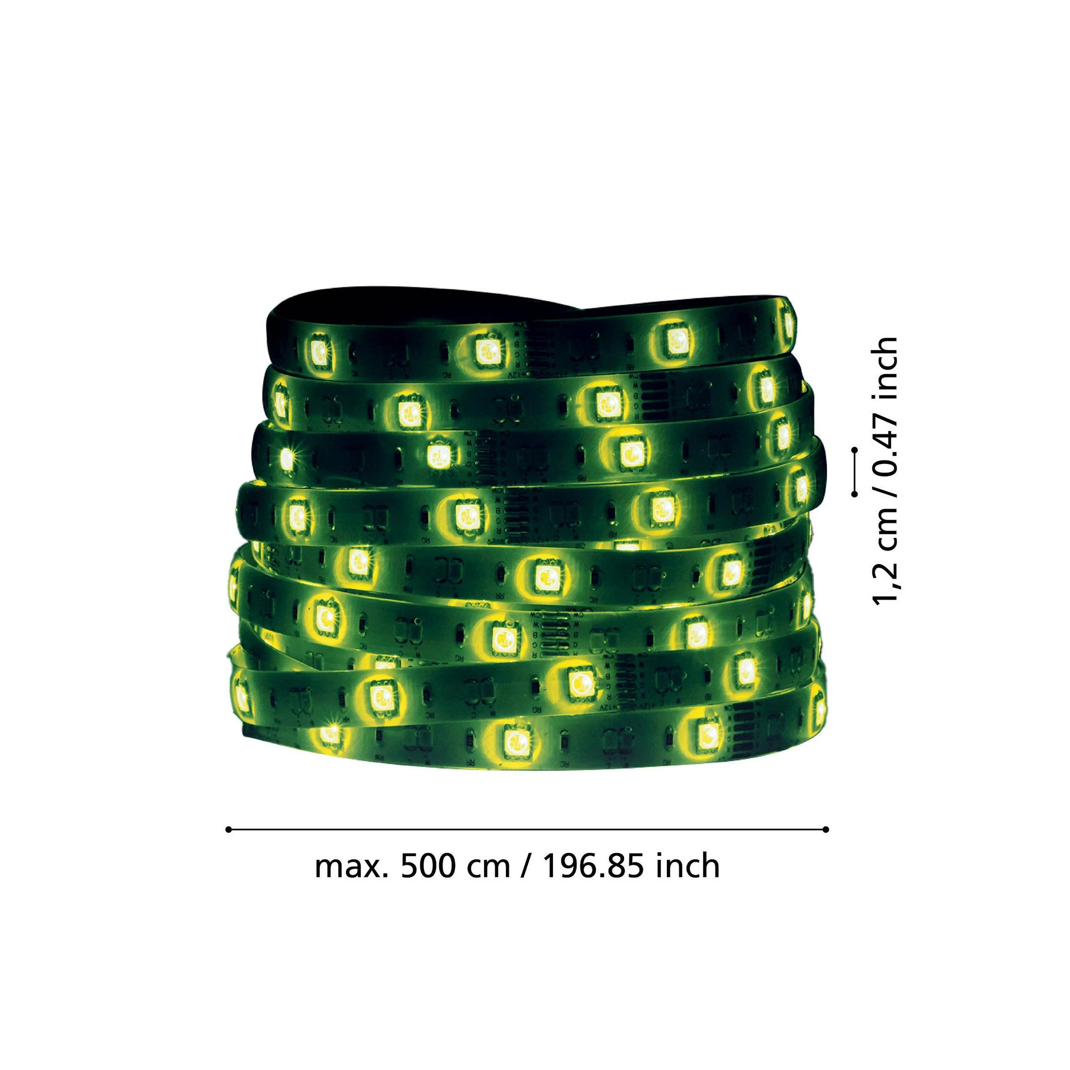 Ein aufgerollter grüner LED-Streifen mit Maßen 1,2 cm x 500 cm.