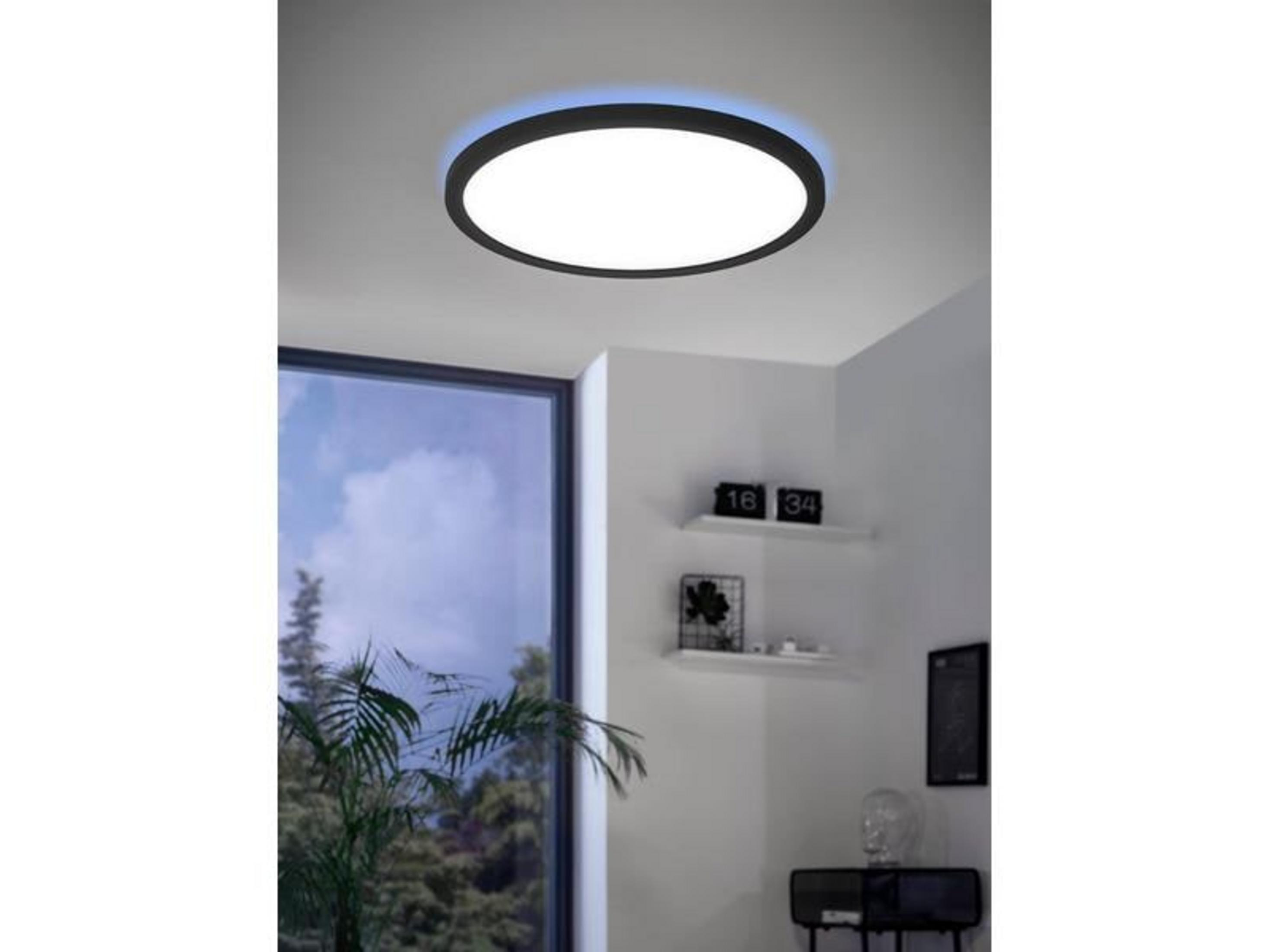 Ein runder Deckenventilator mit schwarzem Rahmen und blauer Beleuchtung.