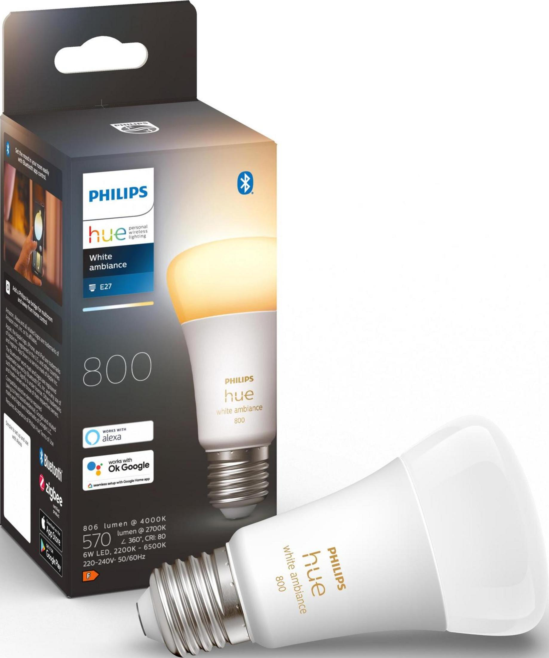 Żarówka Philips Hue E27 w opakowaniu i samodzielnie. Kompatybilna z Bluetooth i Alexa.