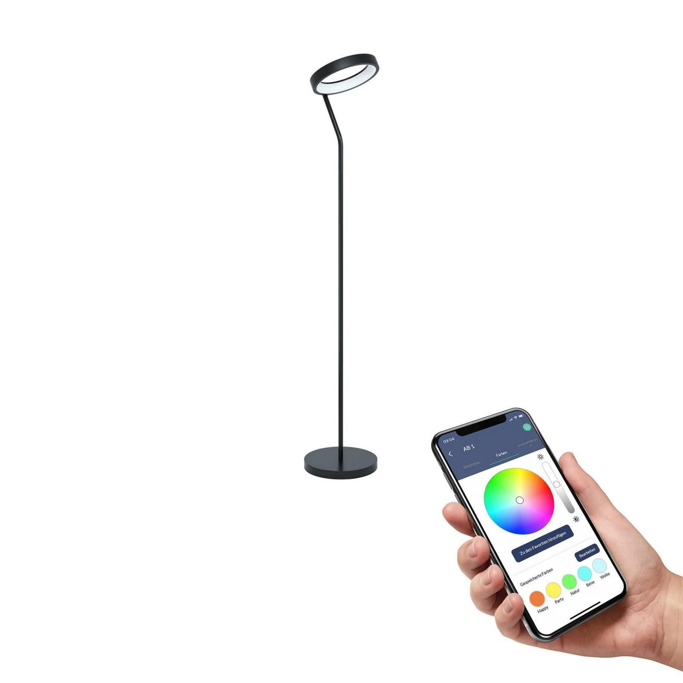 Eine Stehlampe mit einem runden Ringlicht und ein Smartphone mit Farbsteuerung.
