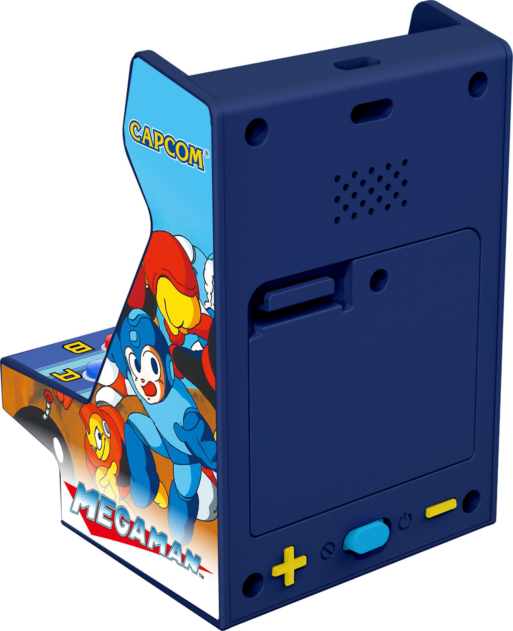 Ein dunkelblauer Mini-Arcade-Automat mit Capcom- und Mega Man-Grafik.