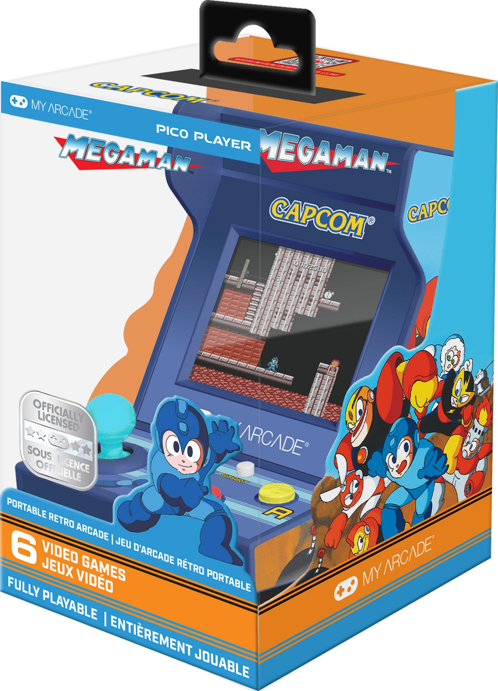 Verpackung eines blauen Retro-Arcade-Spiels mit Megaman-Charakteren und Spielszenen.