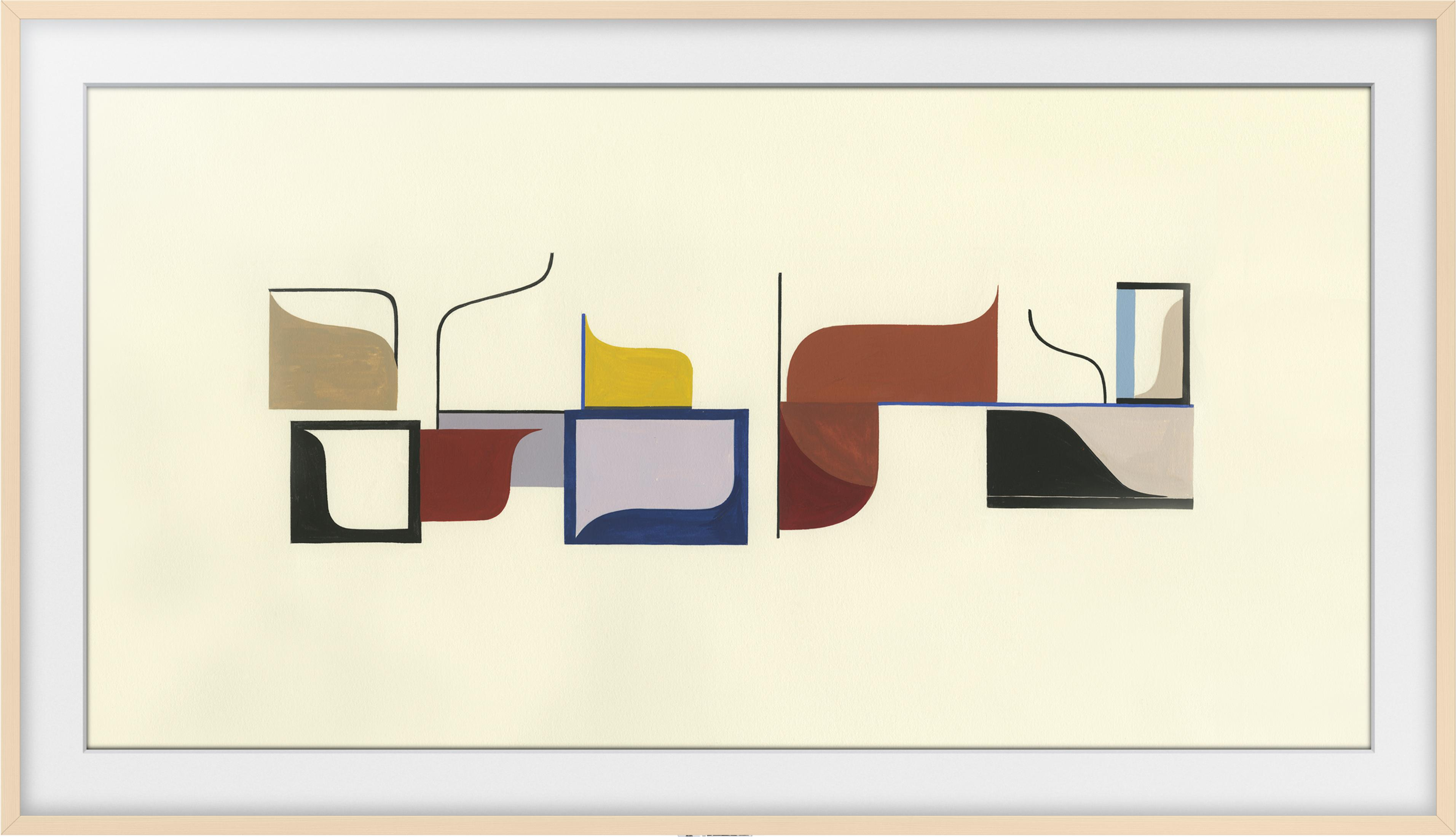 Formas abstractas en marrón, amarillo, azul, negro y beige sobre fondo crema.