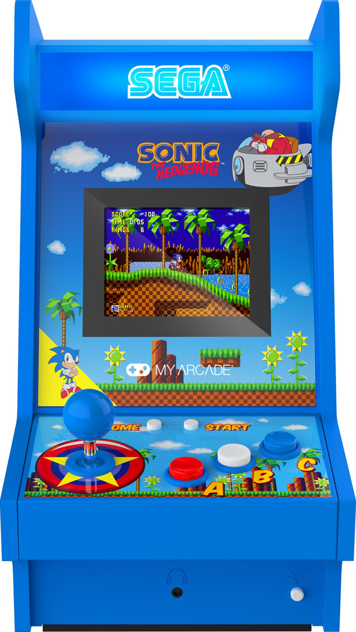 Cabina arcade Sega Sonic the Hedgehog blu con joystick e pulsanti.
