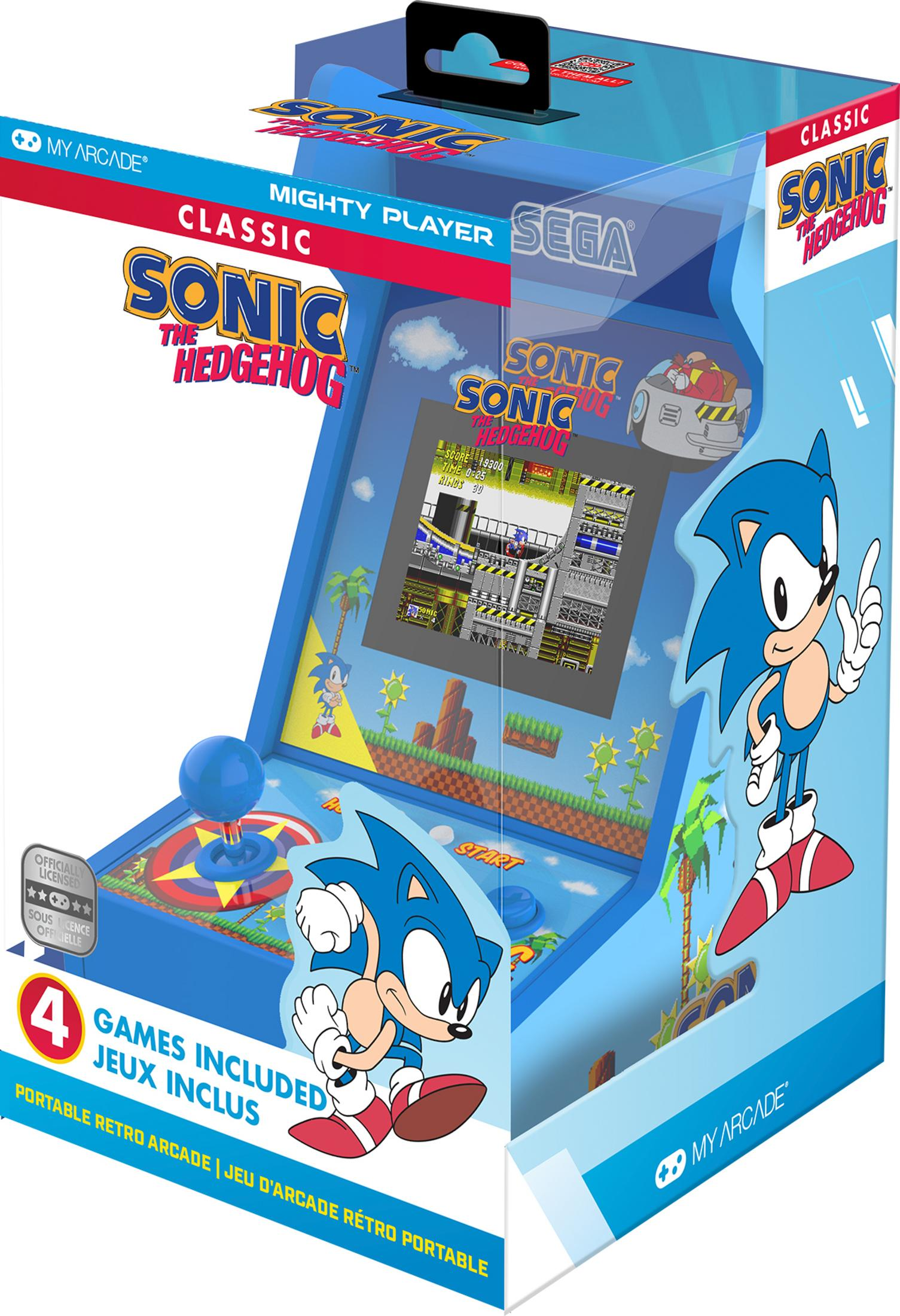 Una macchina arcade blu con grafica e schermate di gioco di Sonic the Hedgehog.