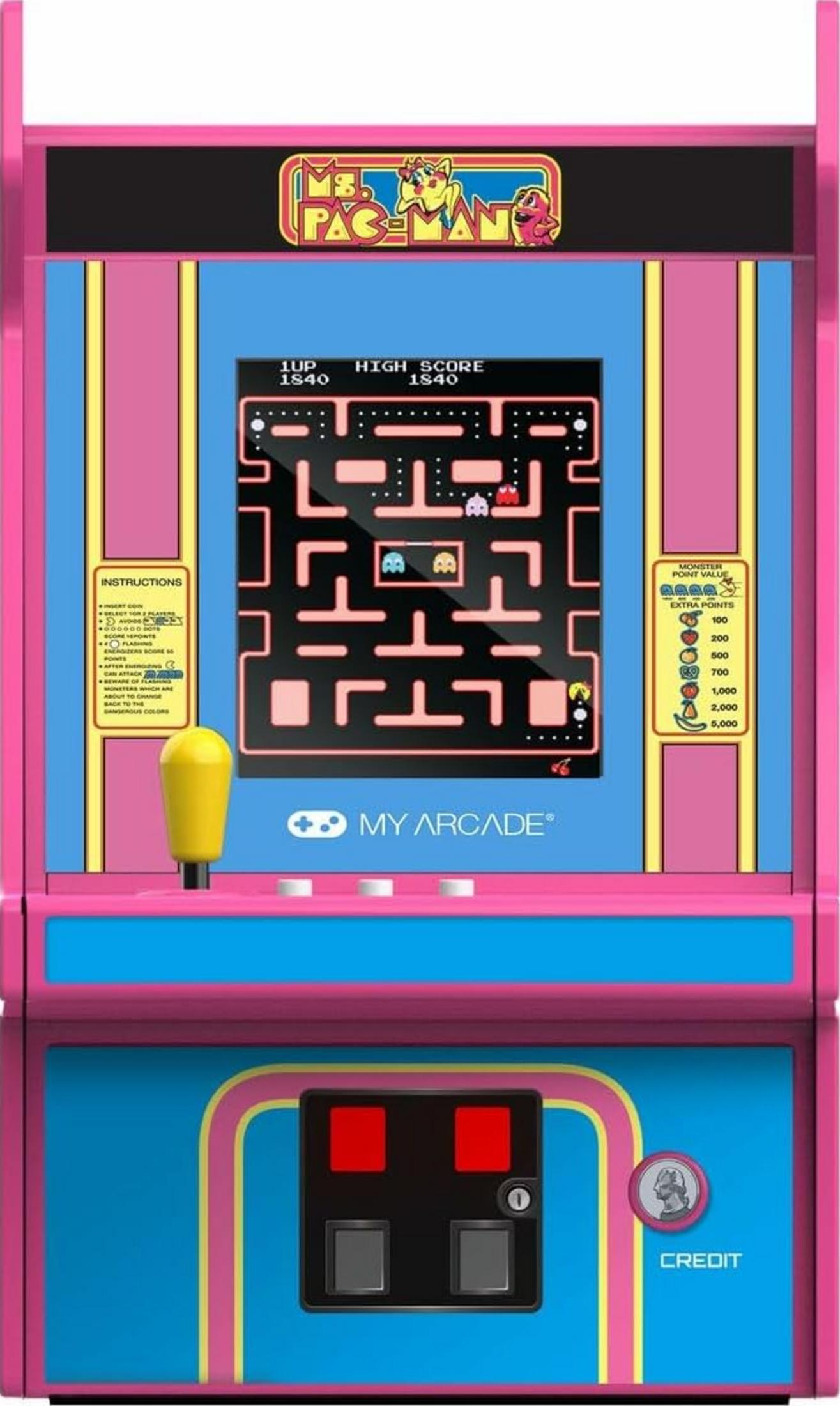 Automat do gry Ms. Pac-Man w różowej obudowie z ekranem gry.
