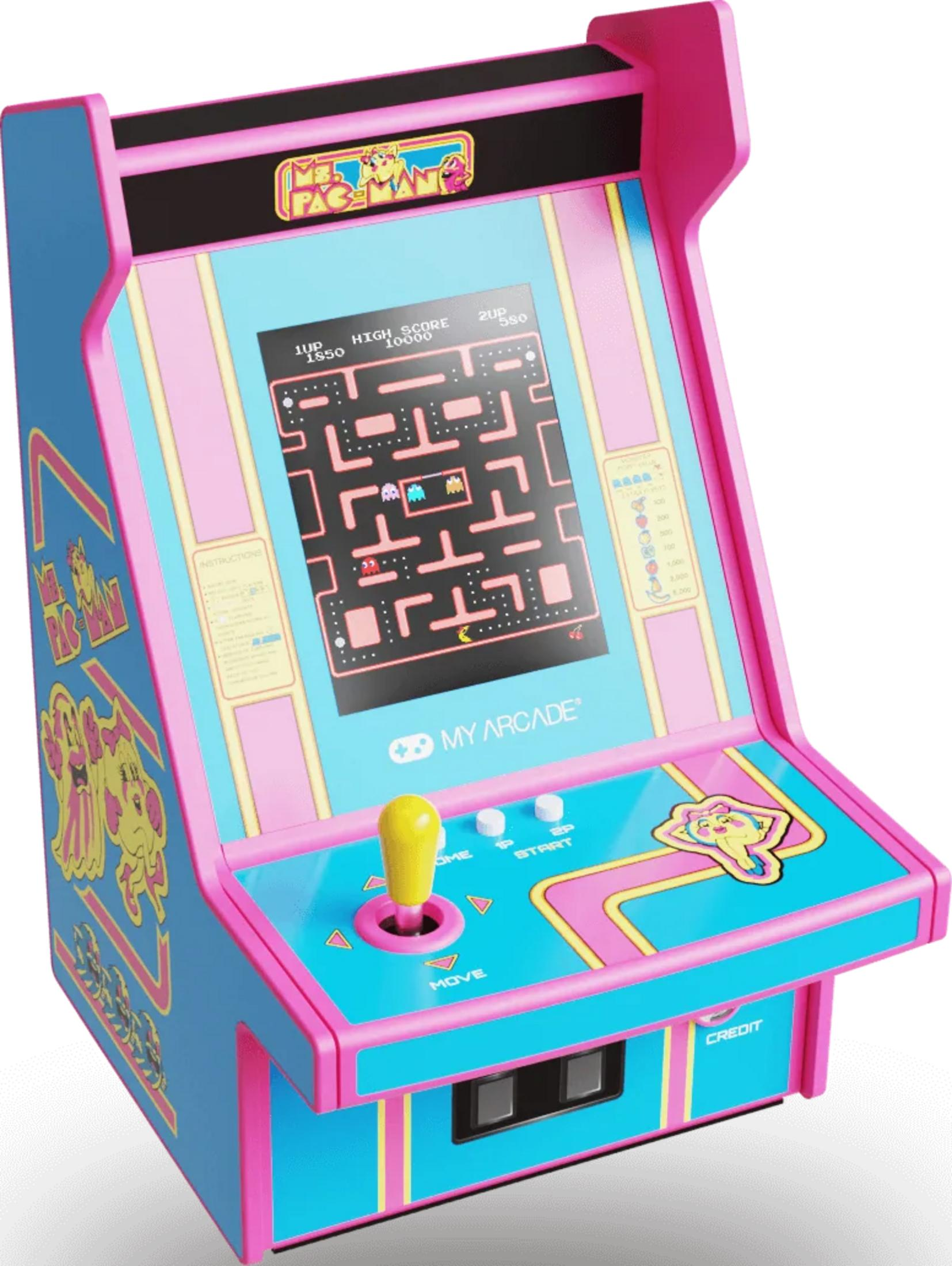 Różowa i niebieska gra zręcznościowa Ms. Pac-Man z joystickiem i przyciskami.