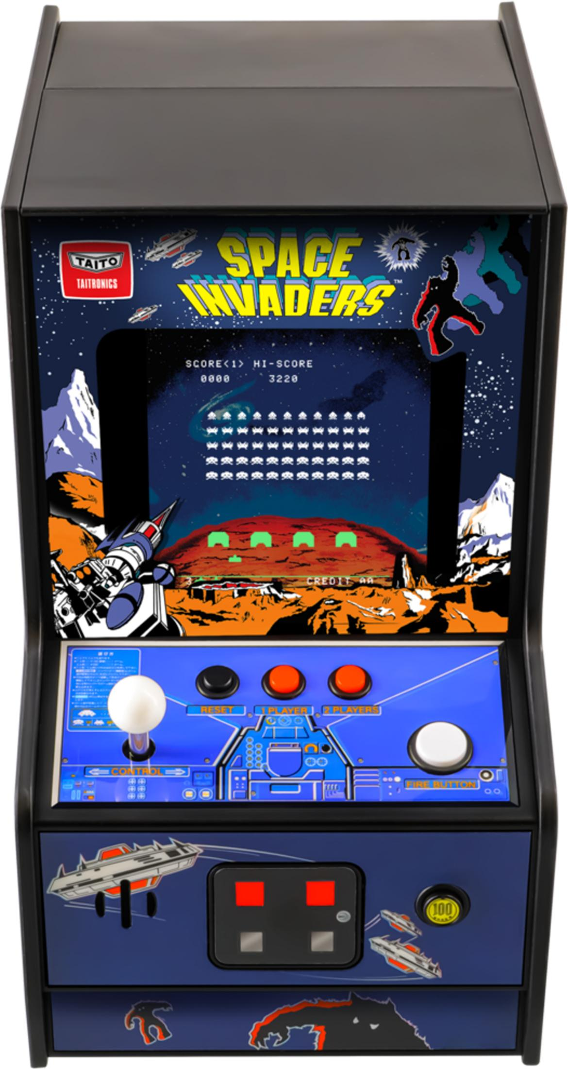 Ein Space Invaders Arcade-Automat mit Joystick, Knöpfen und Spielbildschirm.