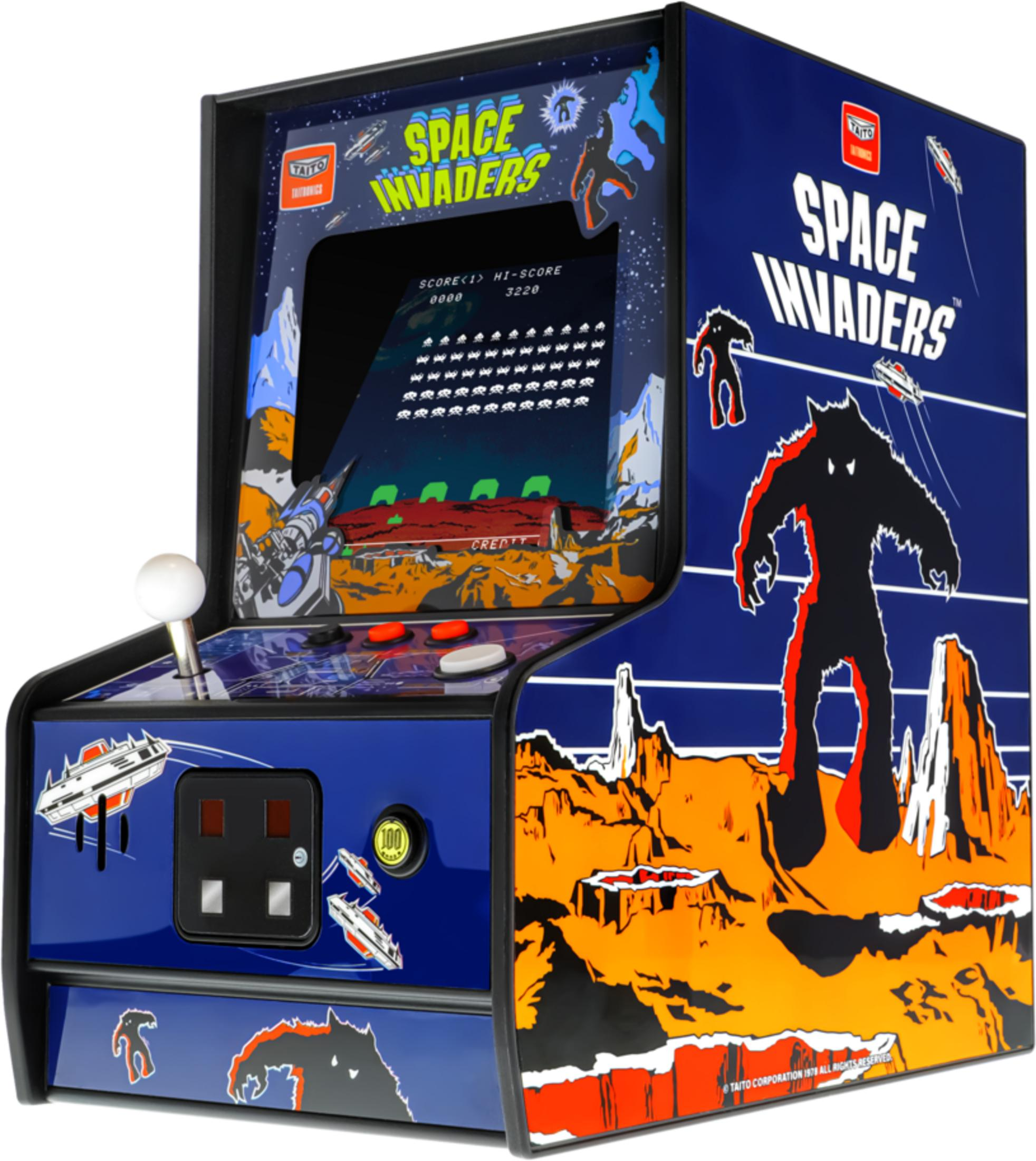 Ein Space Invaders Arcade-Spielautomat mit blauem Gehäuse und bunten Grafiken.