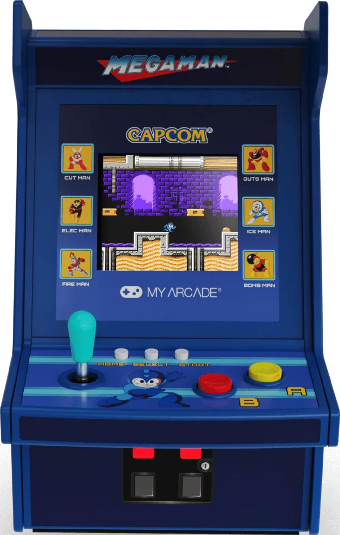 Un cabinato arcade blu a tema Megaman, con joystick e pulsanti.