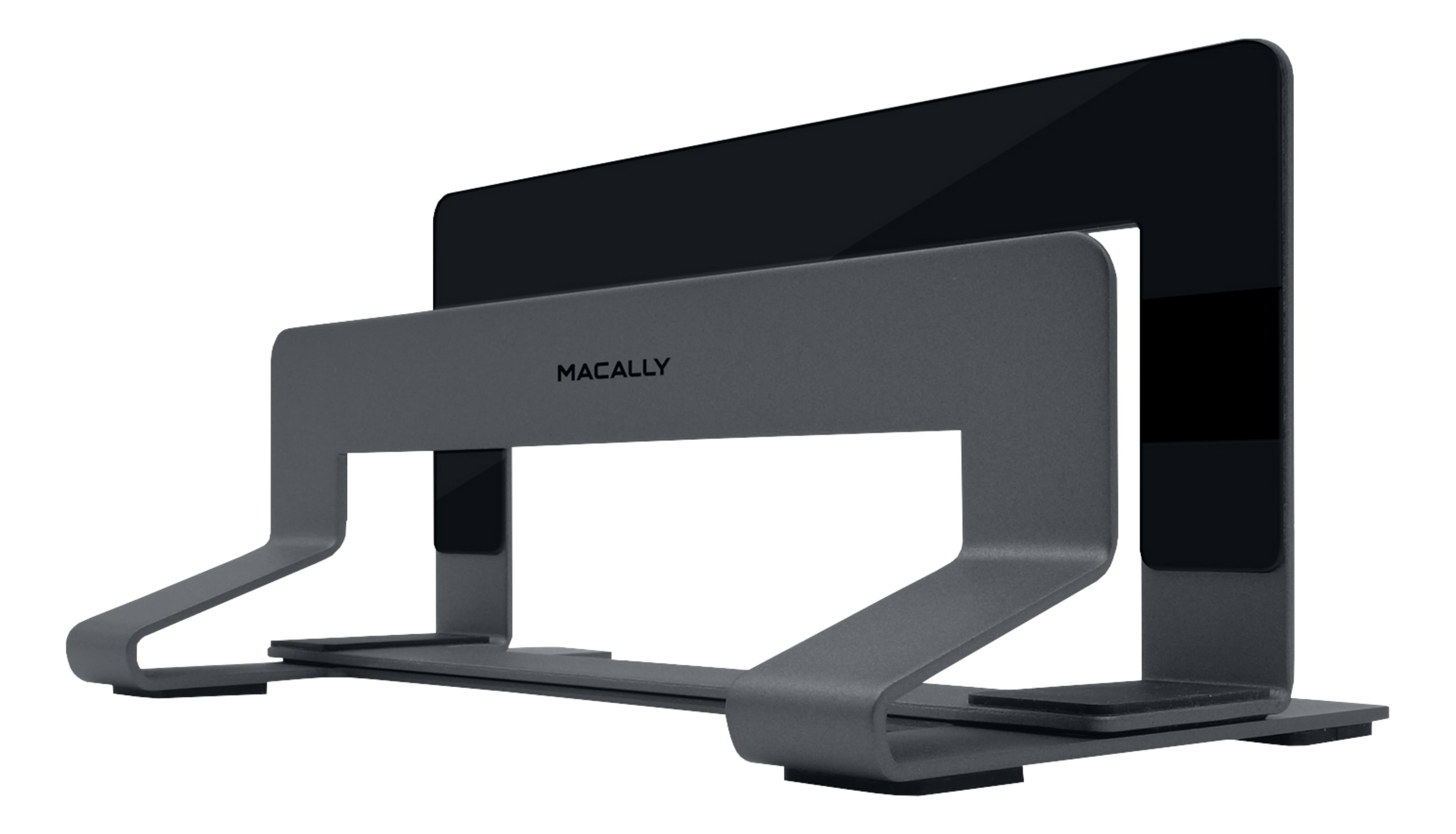 Grauer Macally Laptop-Ständer mit dunklem Laptop.