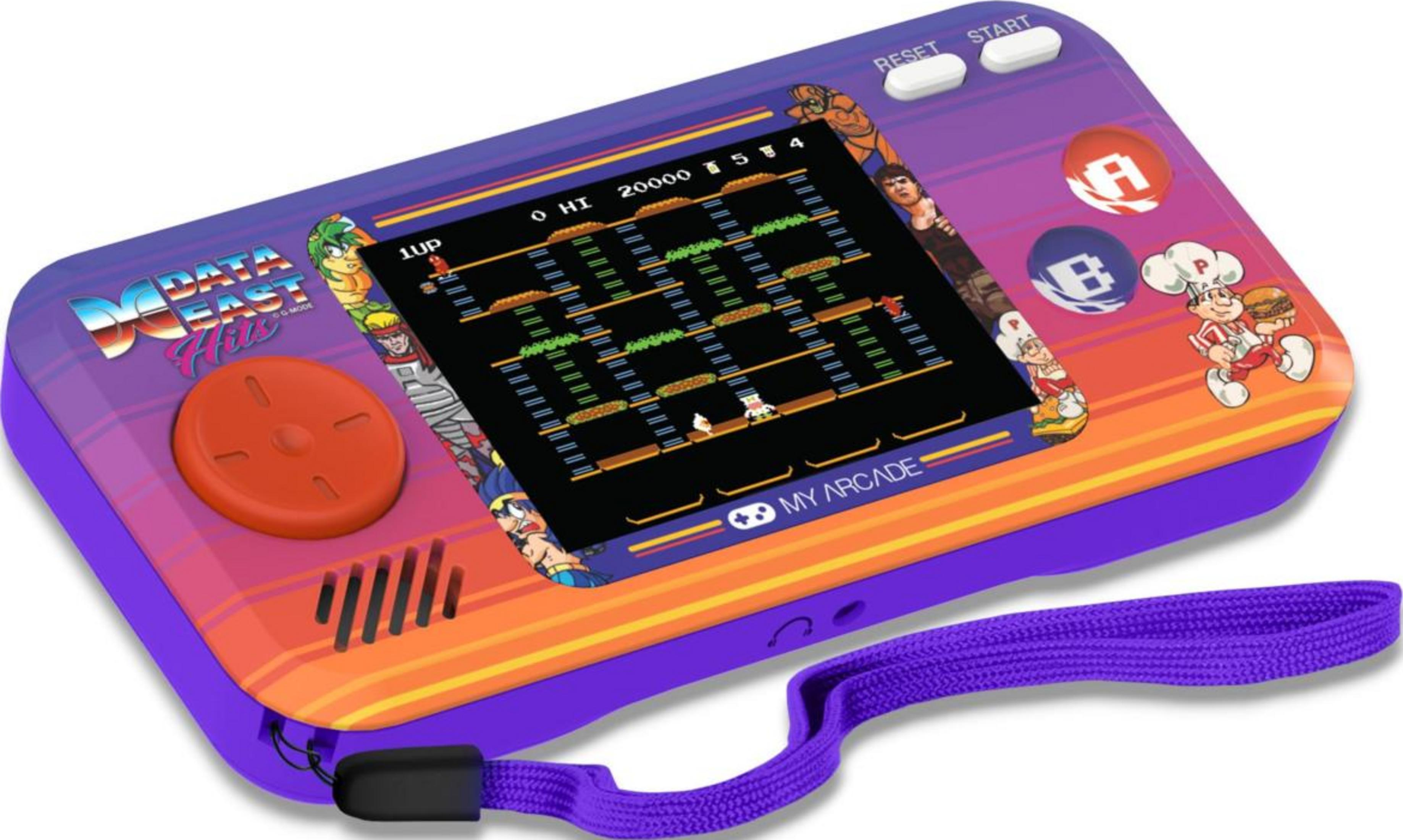 Consola arcade portátil morada con joystick naranja y pantalla de juego.