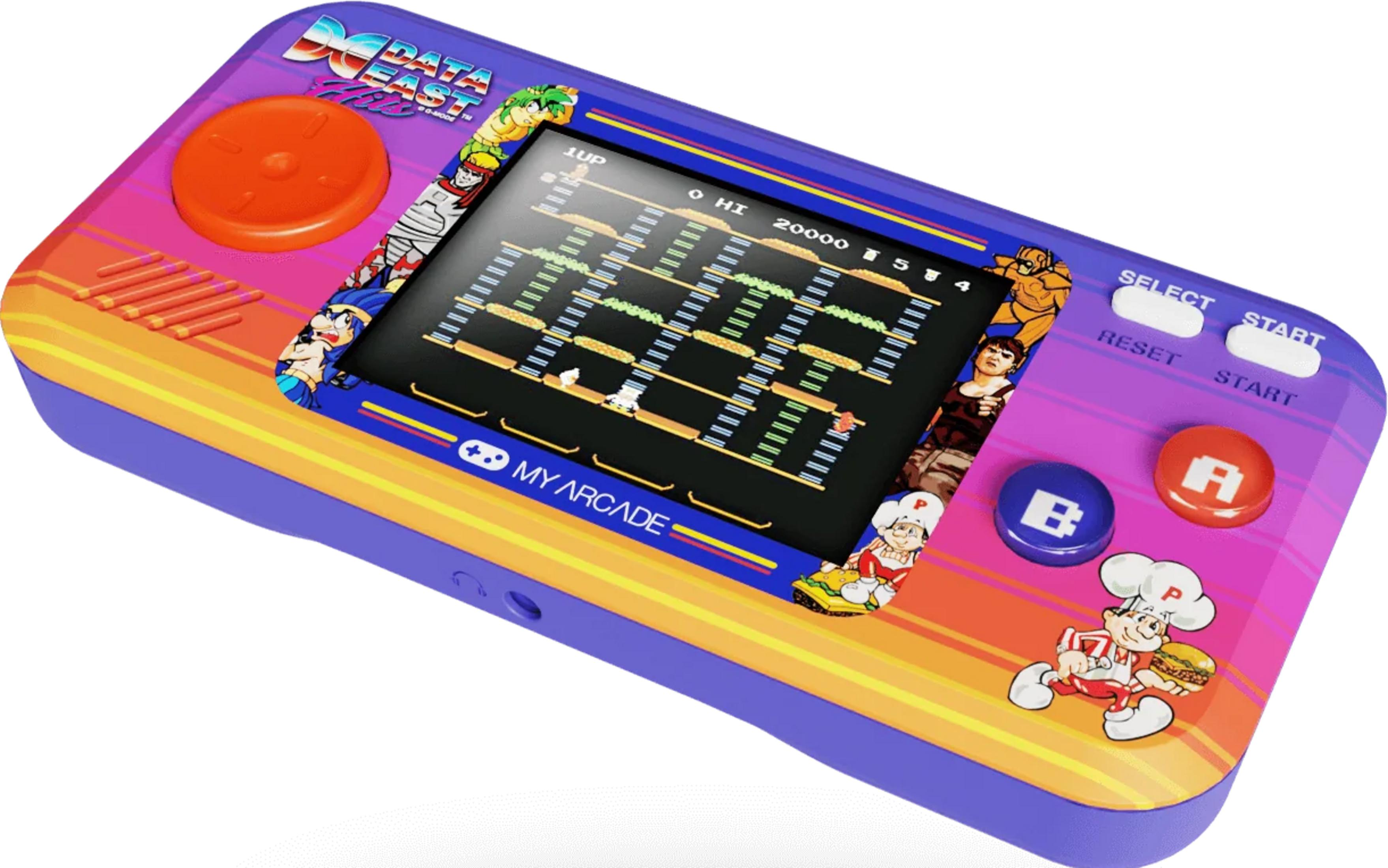 Un dispositivo de juego portátil morado con gráficos retro, joystick naranja y pantalla de juego.