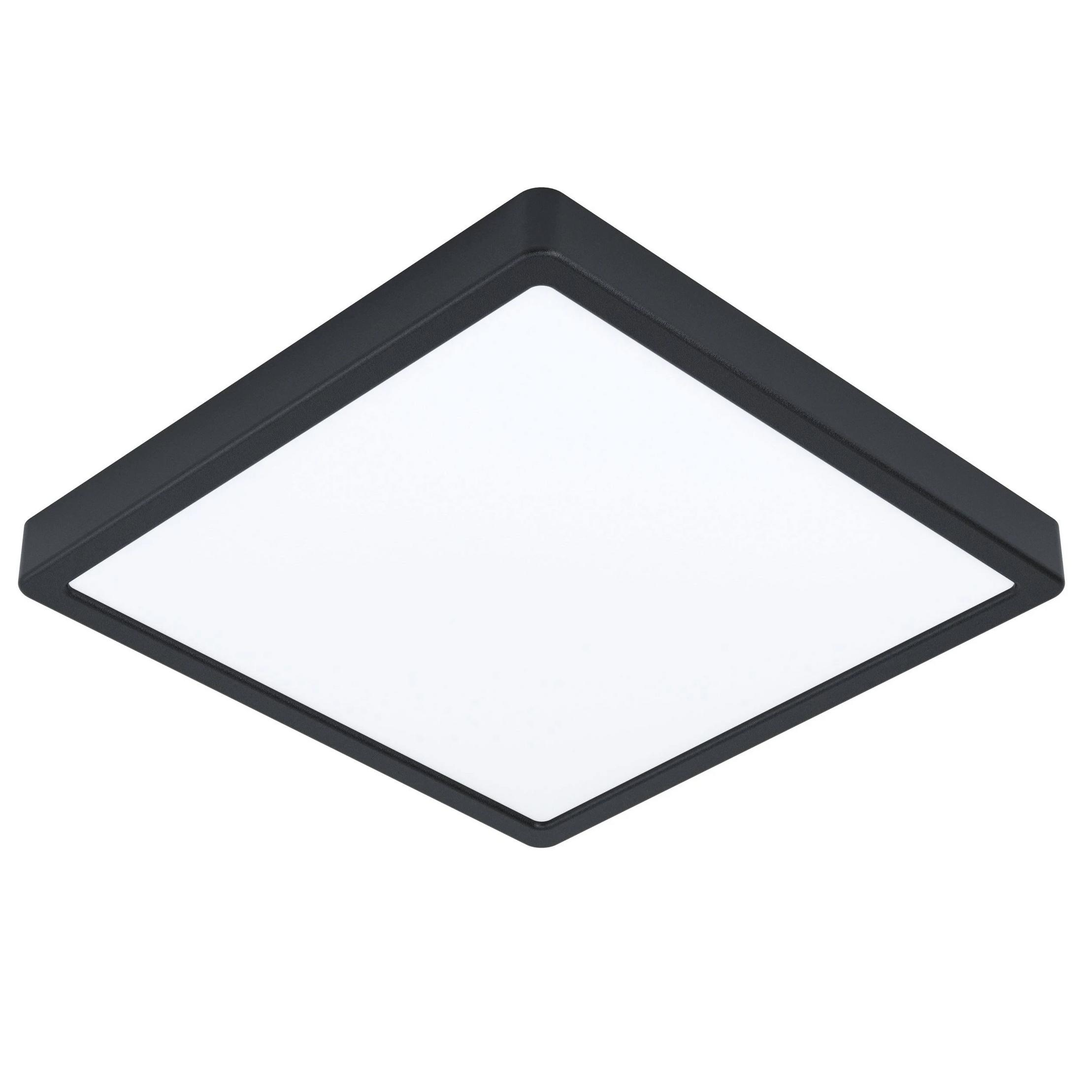 Lámpara de techo cuadrada negra con panel de luz blanco, aislada sobre fondo blanco.