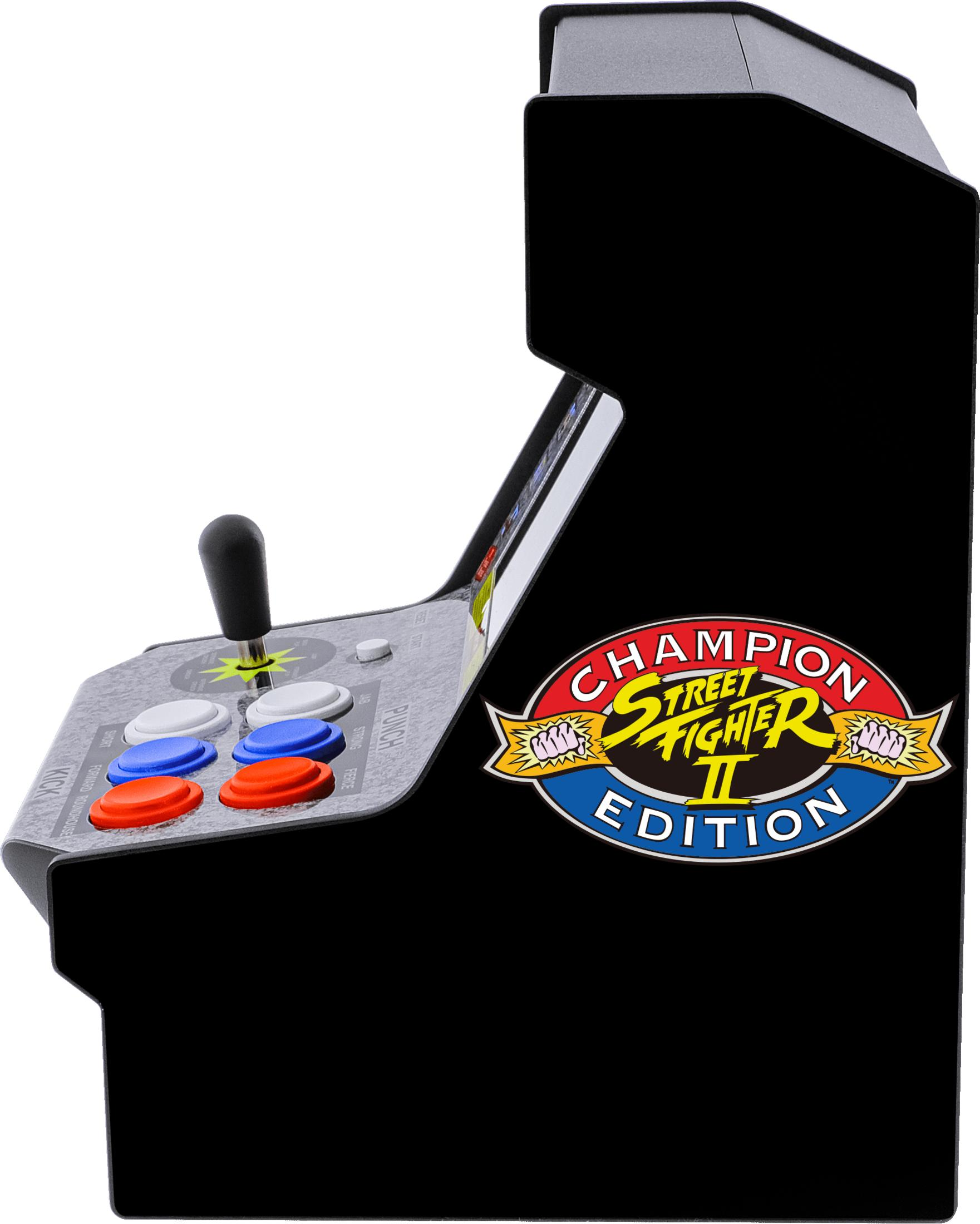 Una máquina arcade de Street Fighter II con joystick y botones de colores.