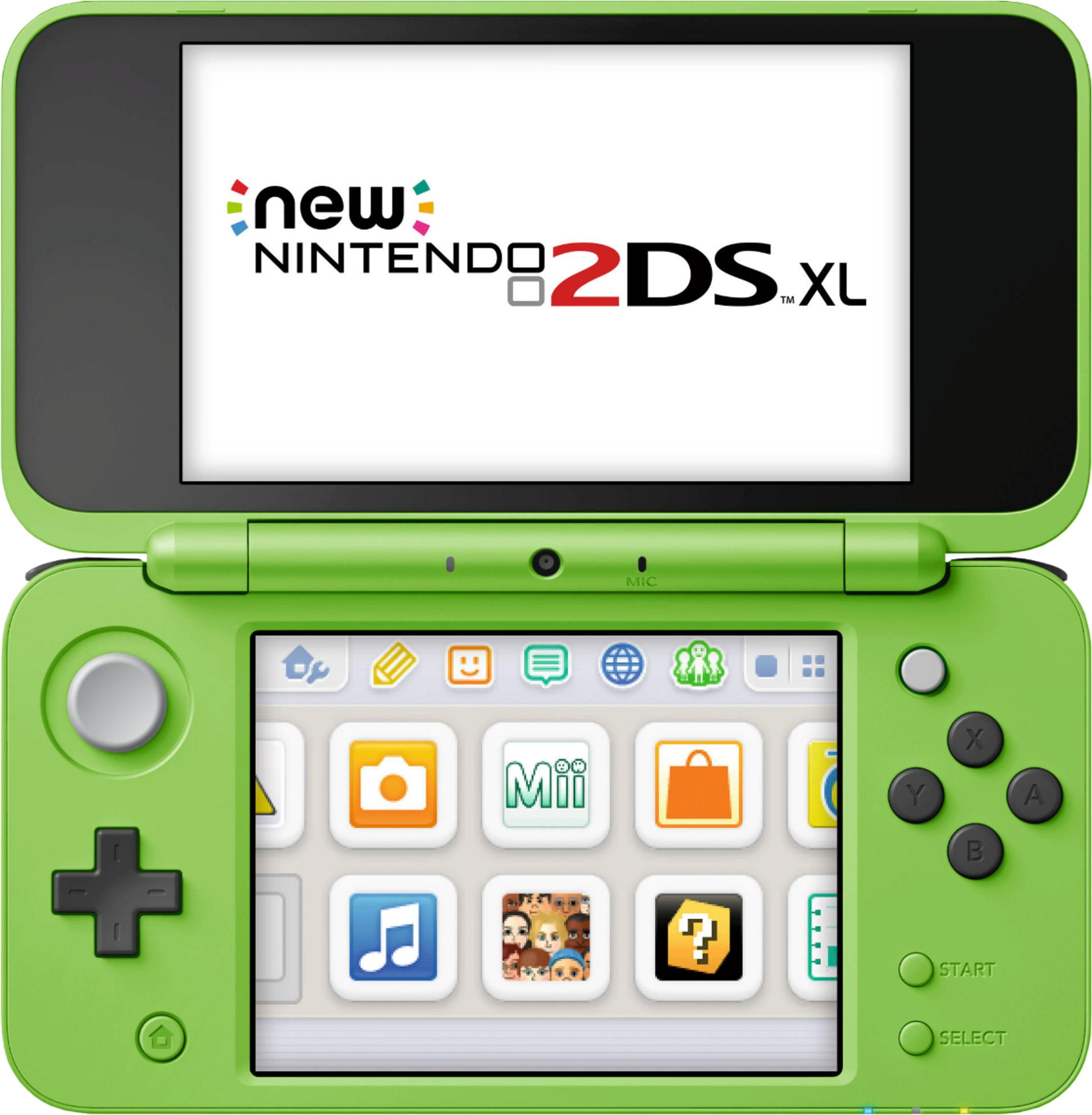 Een limegroene Nintendo 2DS XL met open scherm. Het bovenscherm toont het logo.