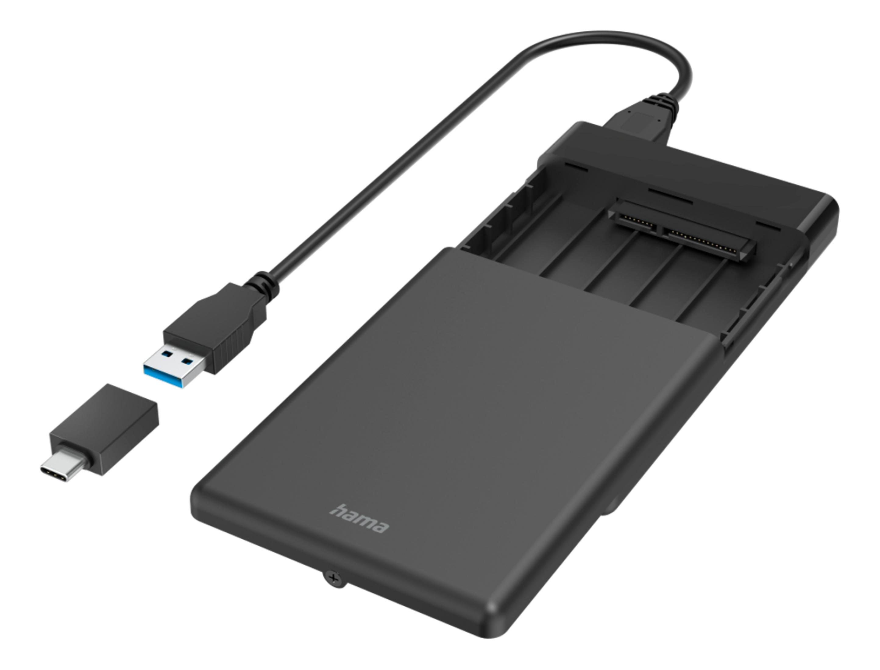 Czarne zewnętrzne etui na dysk twardy z kablami połączeniowymi USB-C i USB-A.