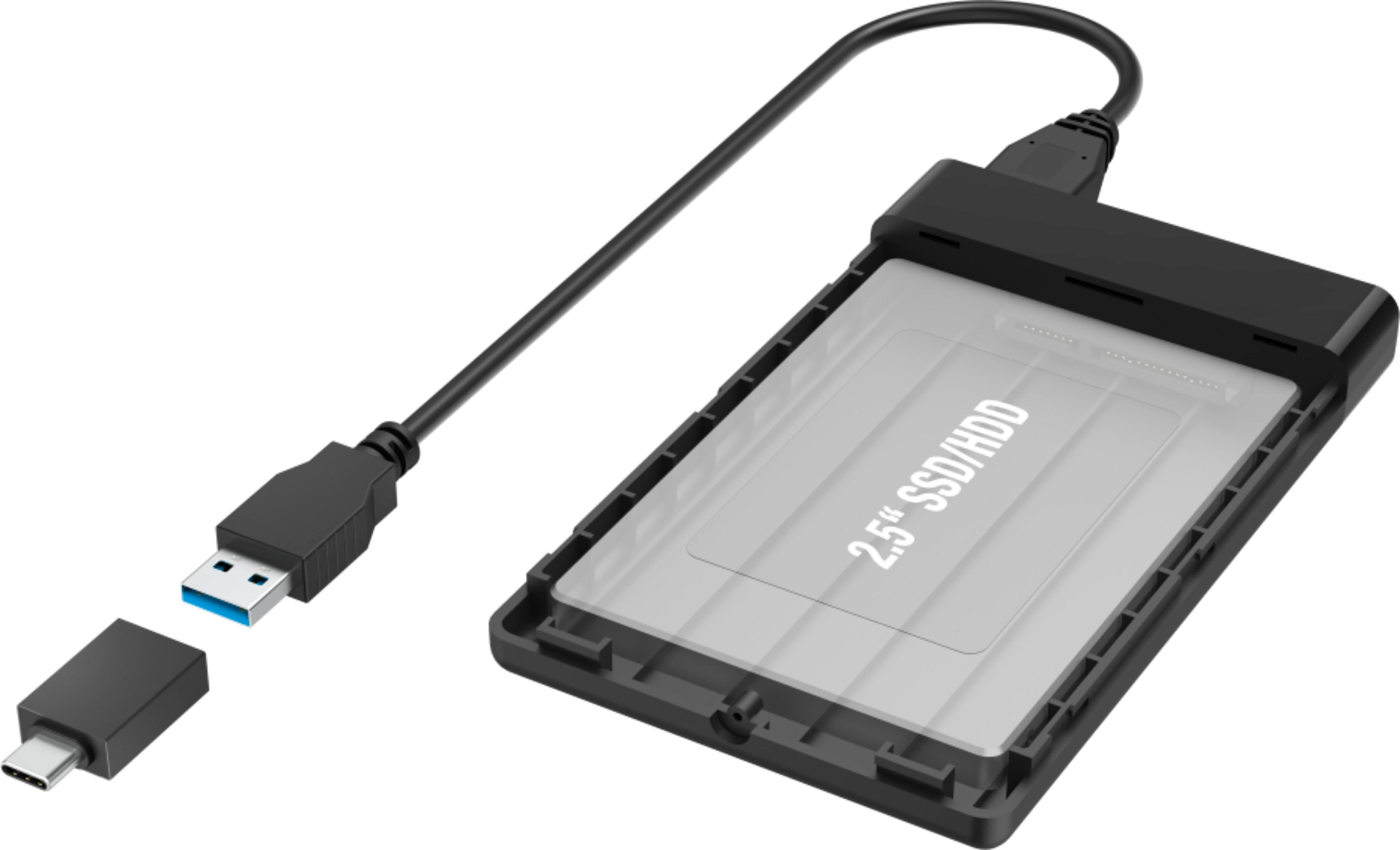 Czarne zewnętrzne etui na dysk SSD/HDD 2,5" z kablem USB-C i USB-A.