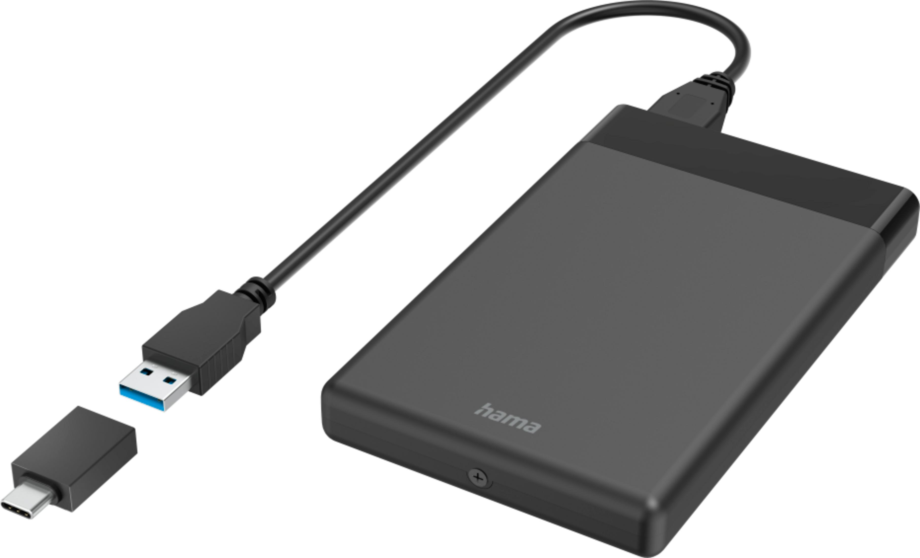 Czarny zewnętrzny dysk twardy z kablem USB-A do USB-C i adapterem.