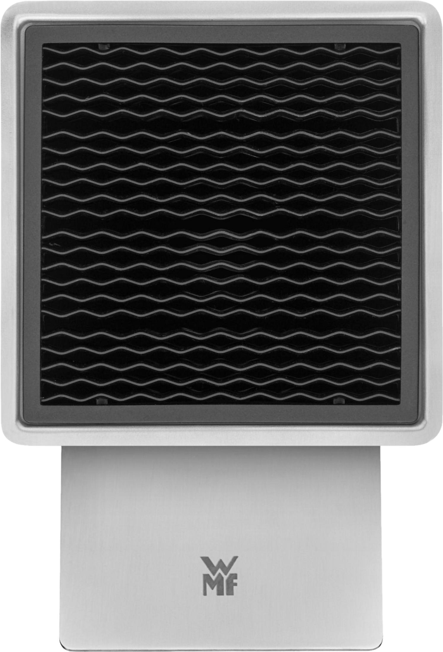 Ein silberner elektrischer Grill mit schwarzem Wellenmuster-Rost und silbernem Sockel mit Logo.