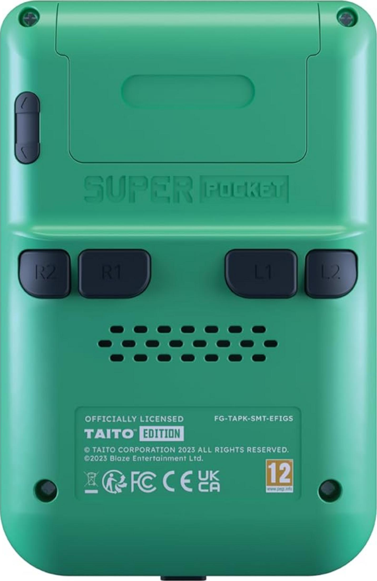 Zielony handheld Super Pocket Taito Edition z przyciskami R1/R2/L1/L2 i logotypami.