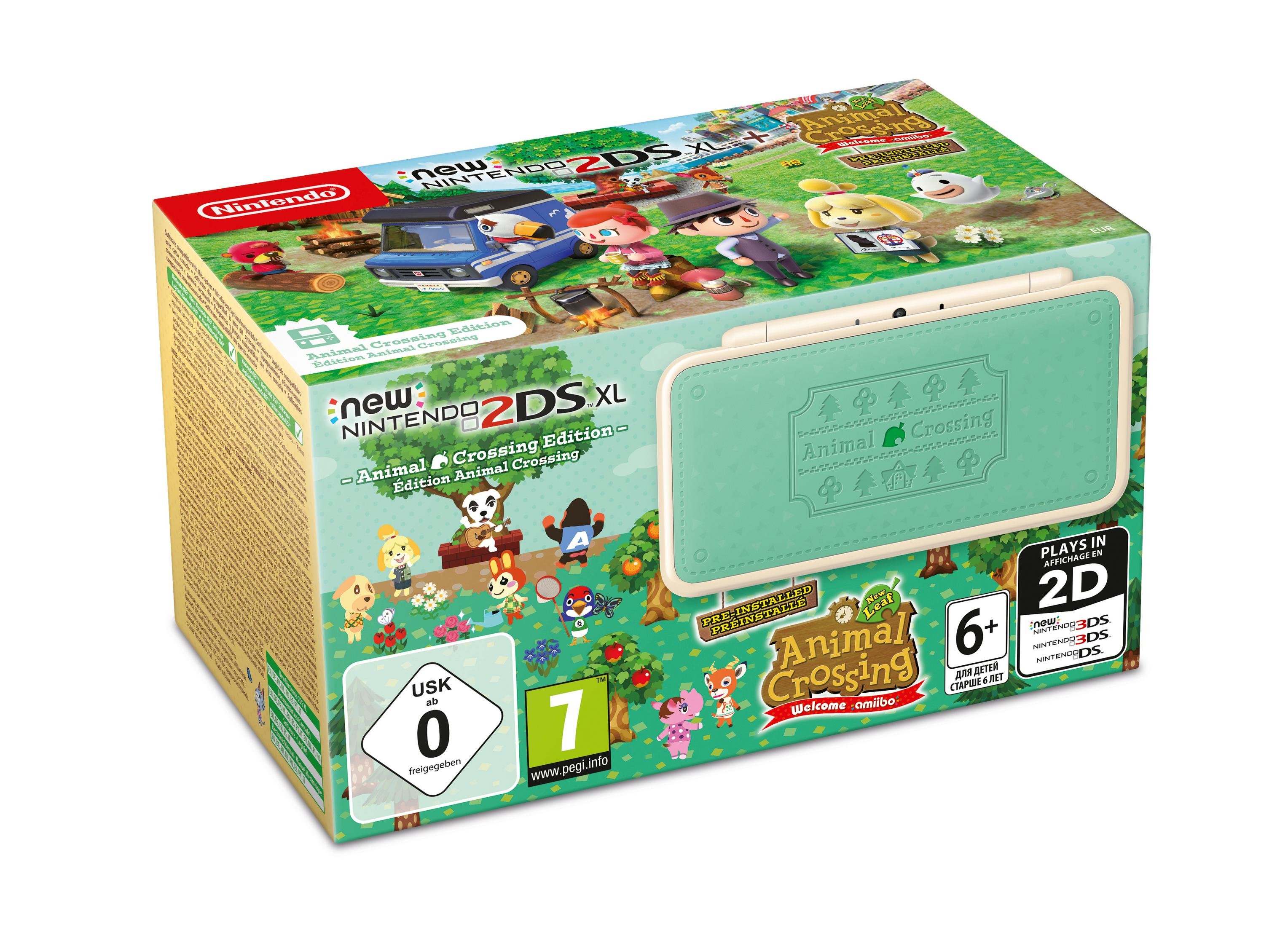 Verpackung eines New Nintendo 2DS XL im Animal Crossing Design mit Charakteren.