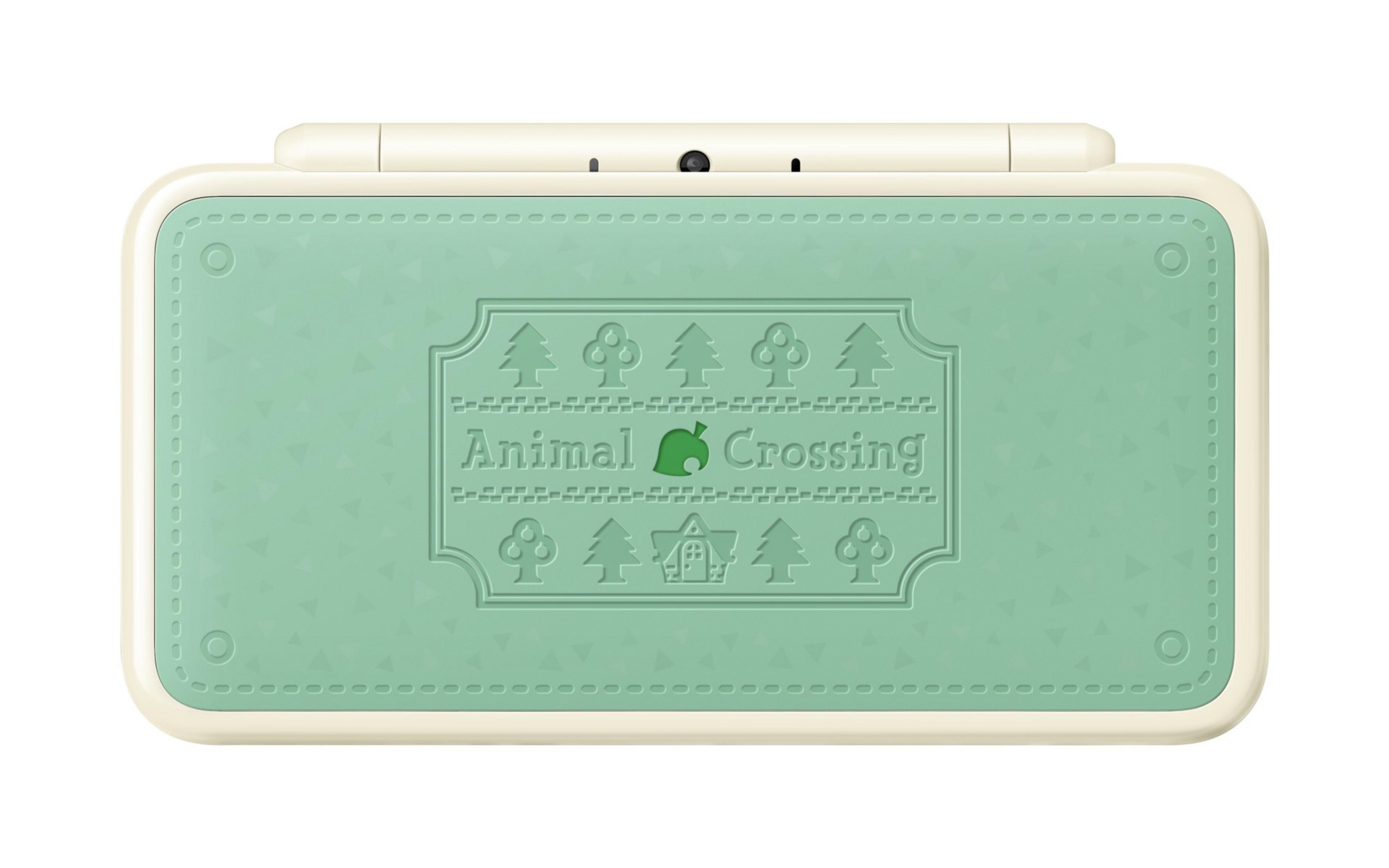 Eine hellgrüne Nintendo 3DS-Konsole mit Animal Crossing-Motiv.