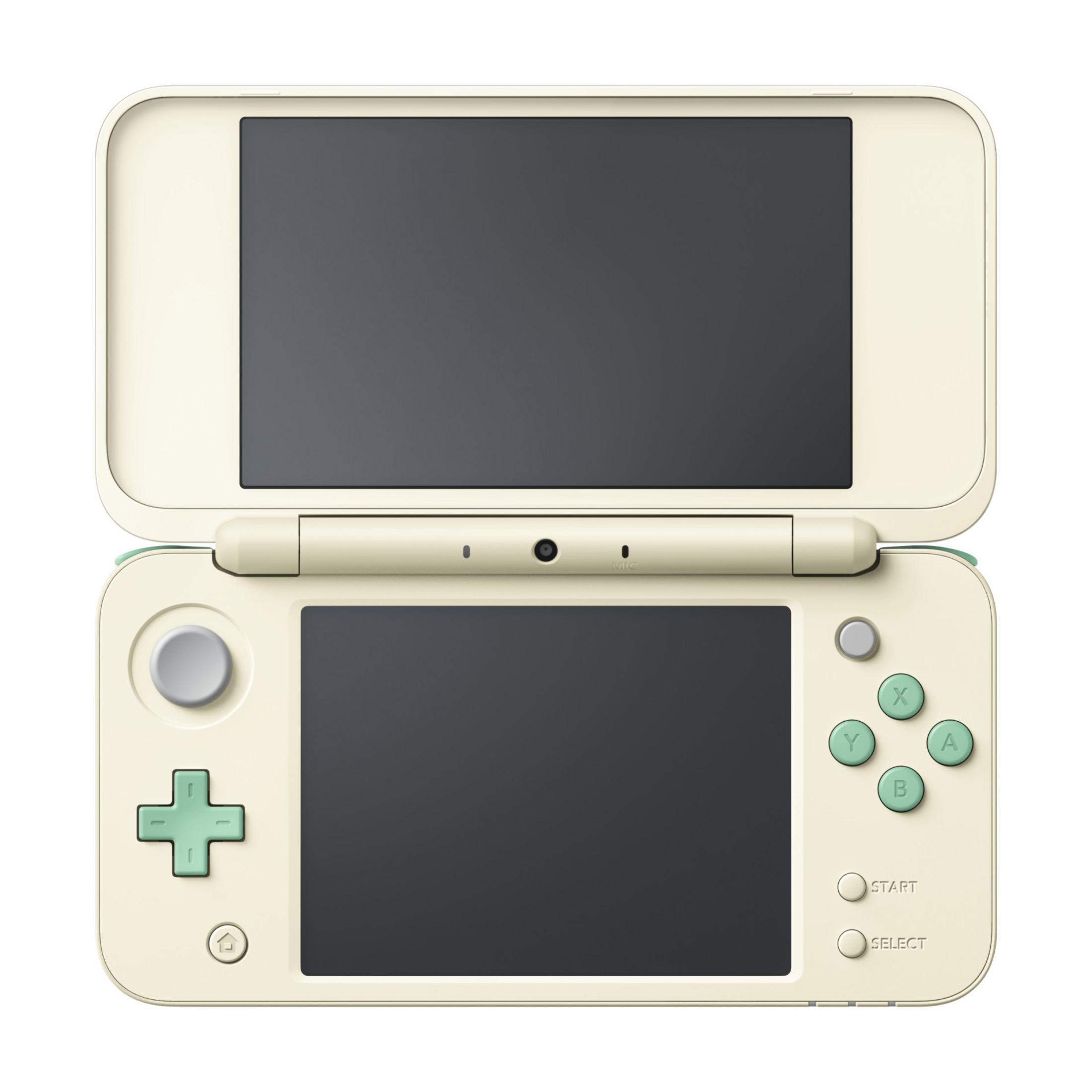 Ein hellbeiger Nintendo 2DS XL mit schwarzen Bildschirmen und mintgrünen Bedienelementen.