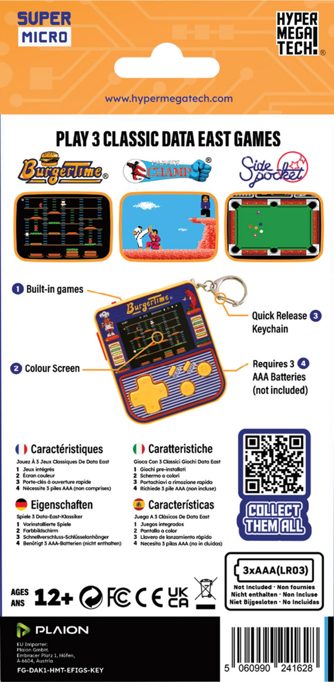 Juego retro portátil con tres juegos clásicos, pantalla a color y llavero.