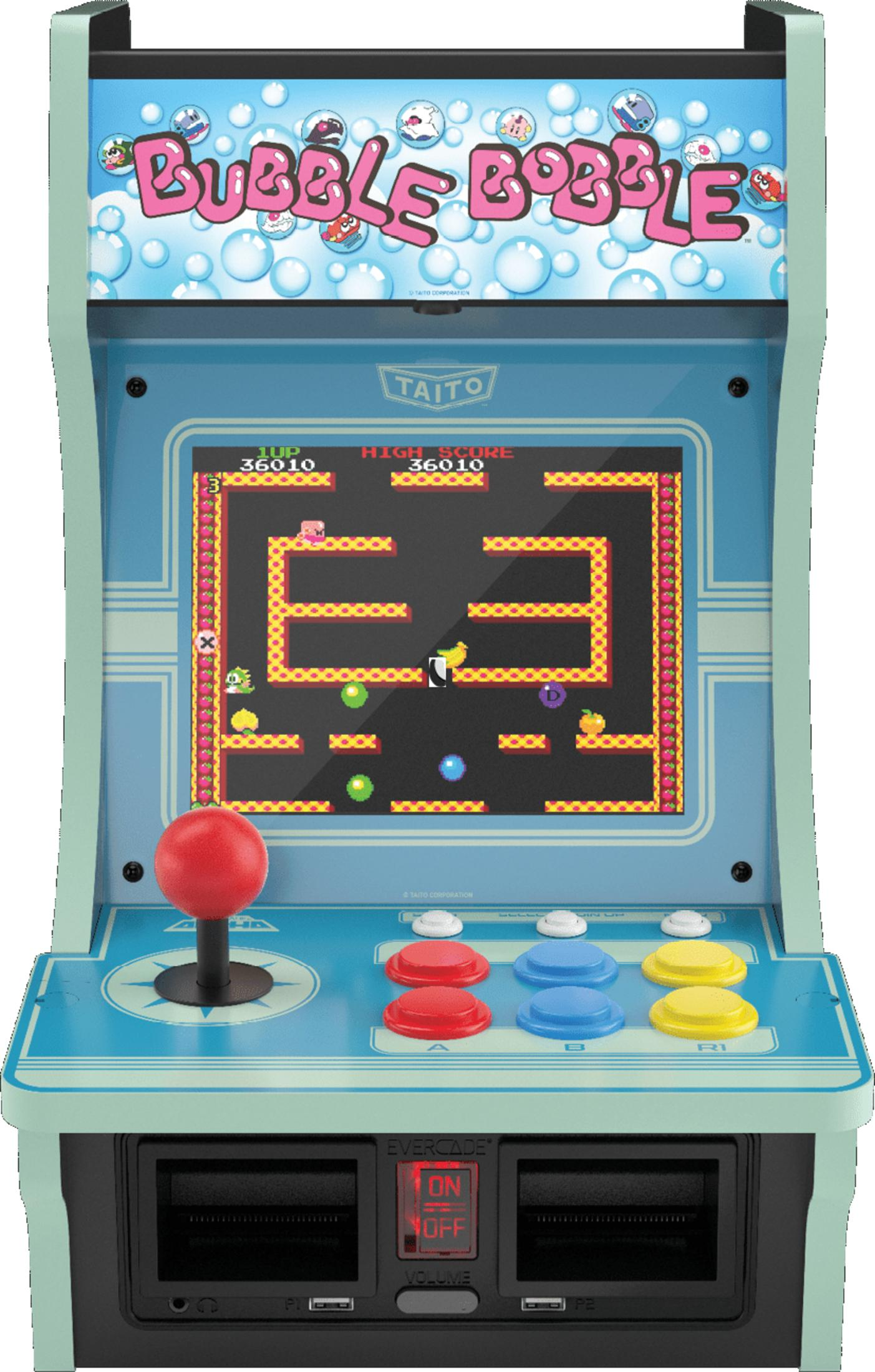 Ein hellblaues Bubble Bobble Arcade-Minispielgerät mit Joystick und Knöpfen.