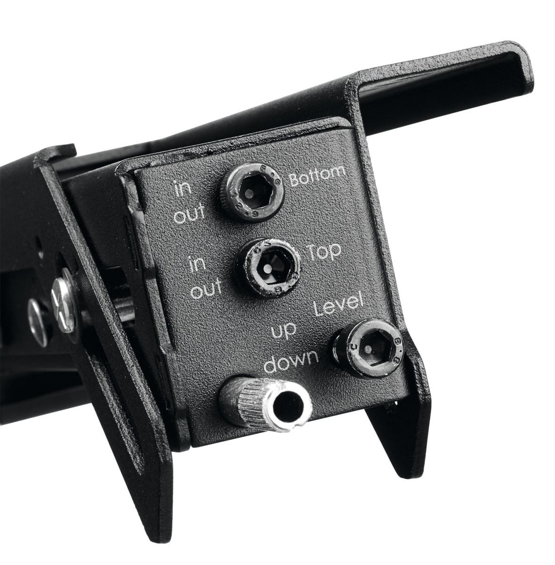 Schwarze Metallhalterung mit Beschriftungen wie 'in', 'out', 'Top', 'Bottom', 'Level'.