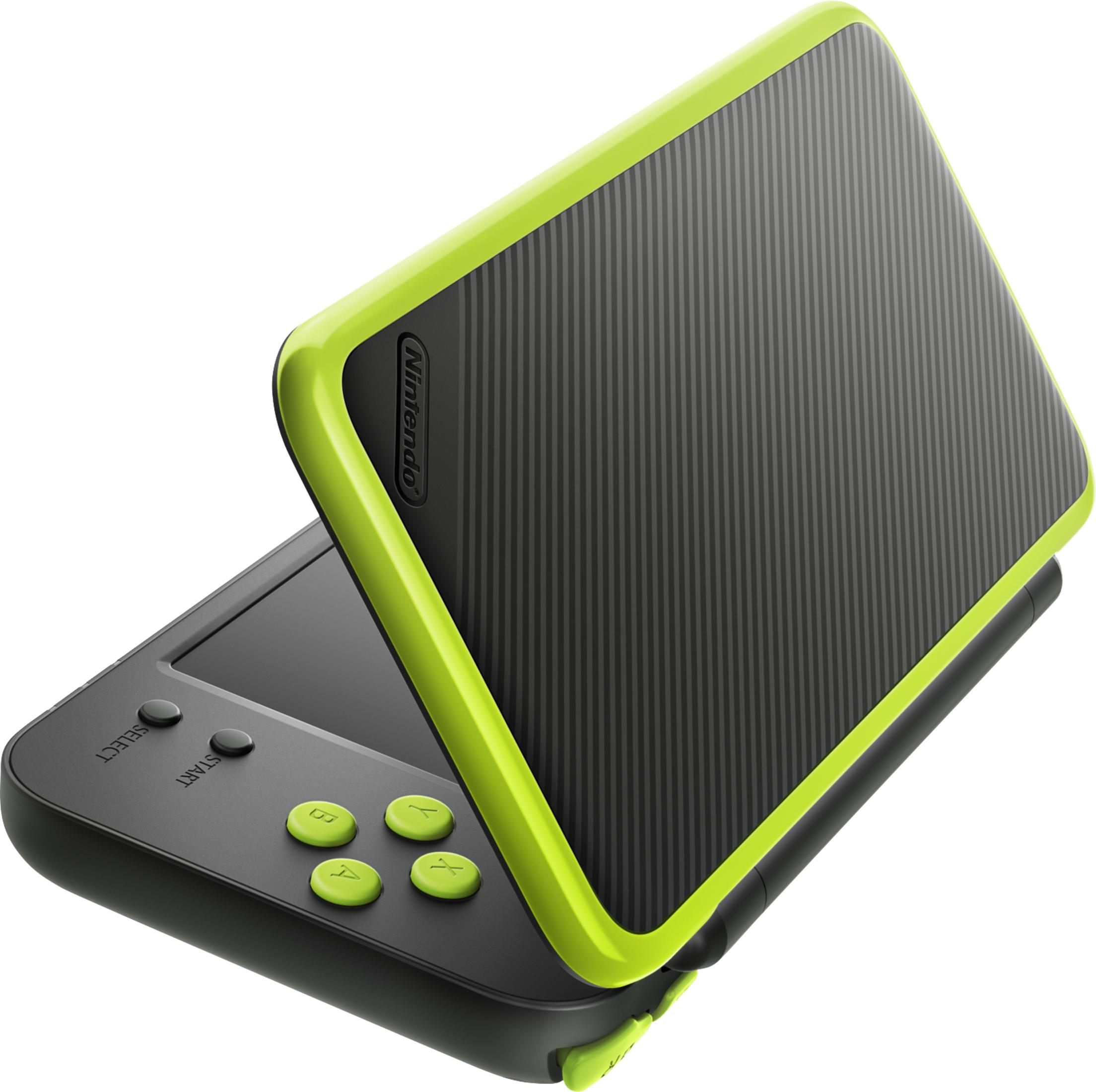 Een gesloten zwart Nintendo 2DS XL handheld gameapparaat met neon-groene accenten.