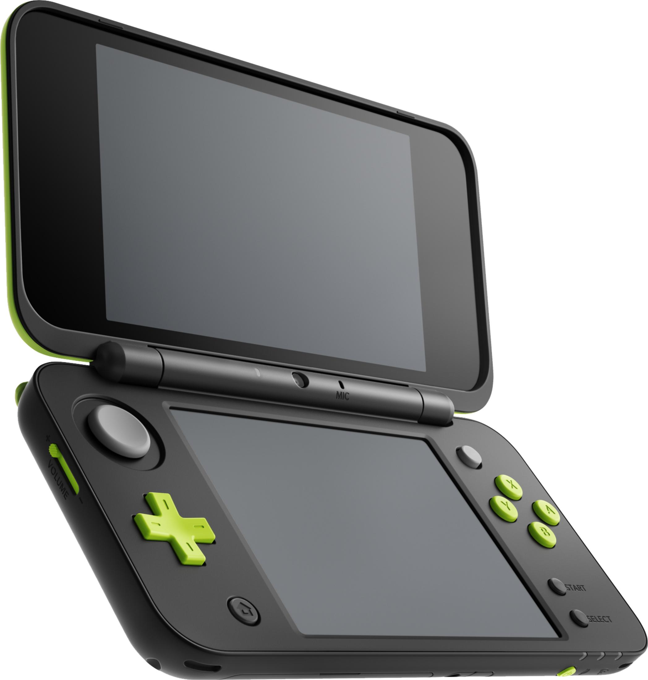 Een zwarte Nintendo 2DS XL met limoengroene accenten, open, op witte achtergrond.