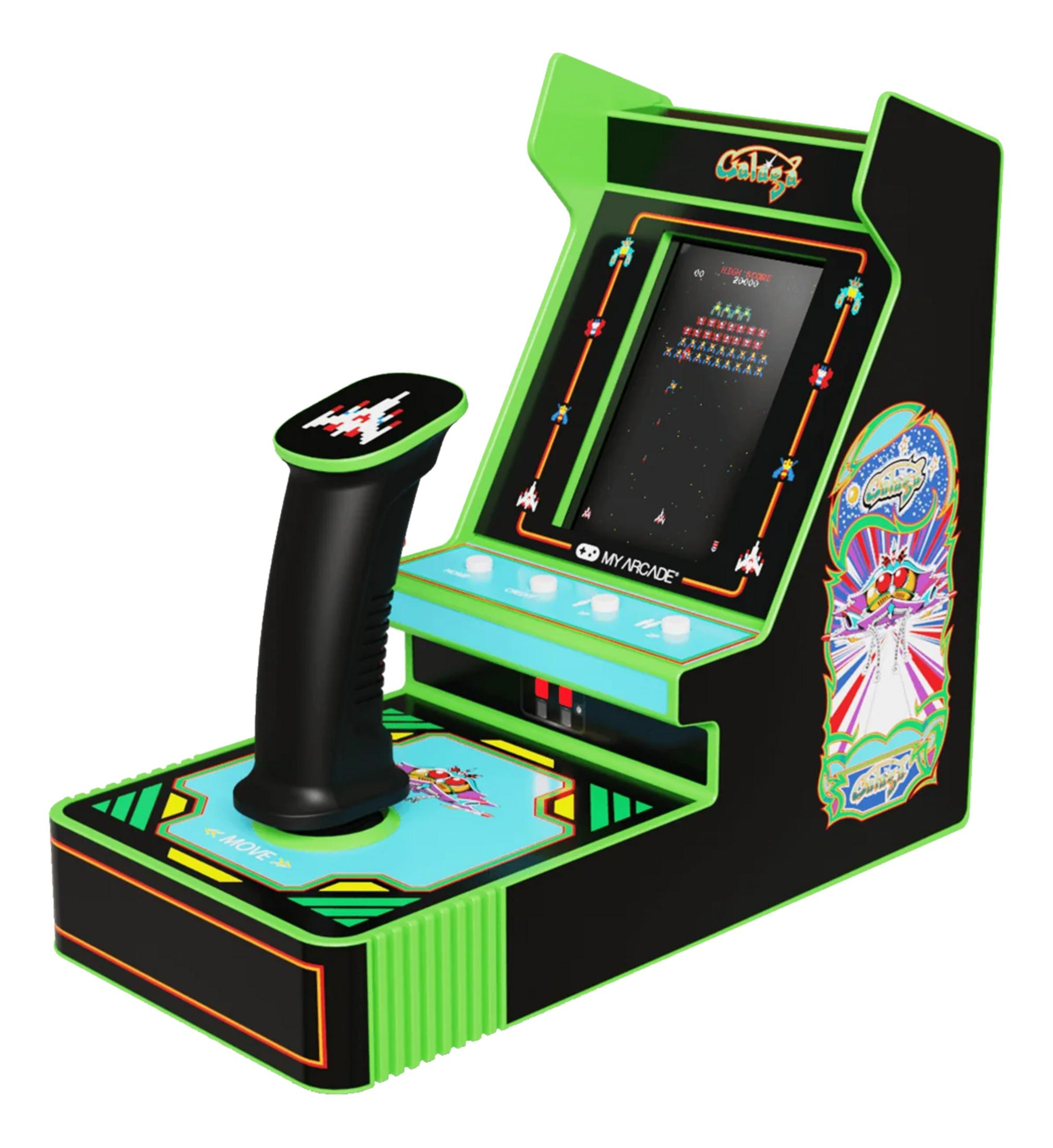 Zielona i czarna retro konsola do gier zręcznościowych z joystickiem i grafiką Galaga.