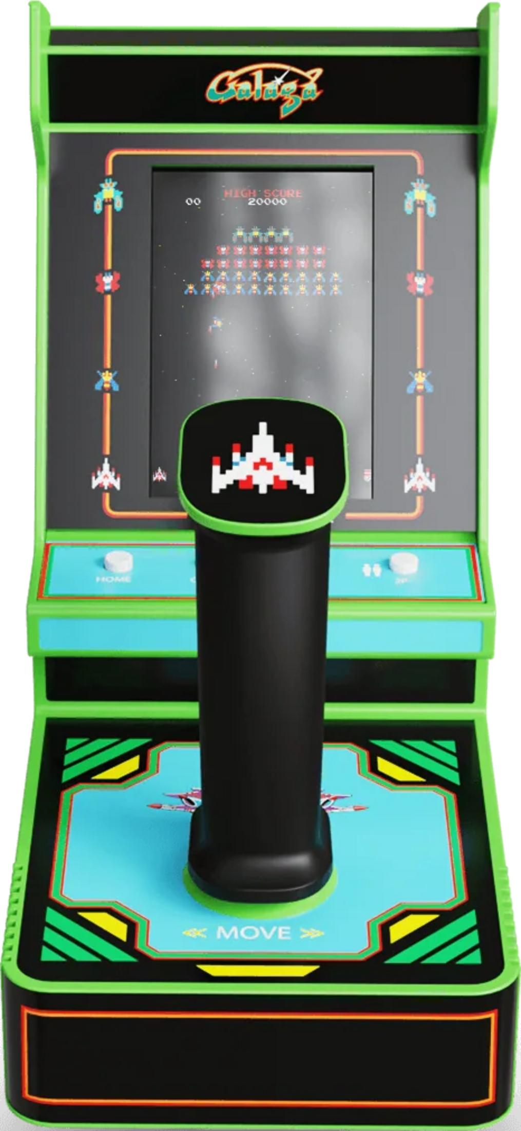 Zielony automat Galaga z ekranem gry i joystickiem.