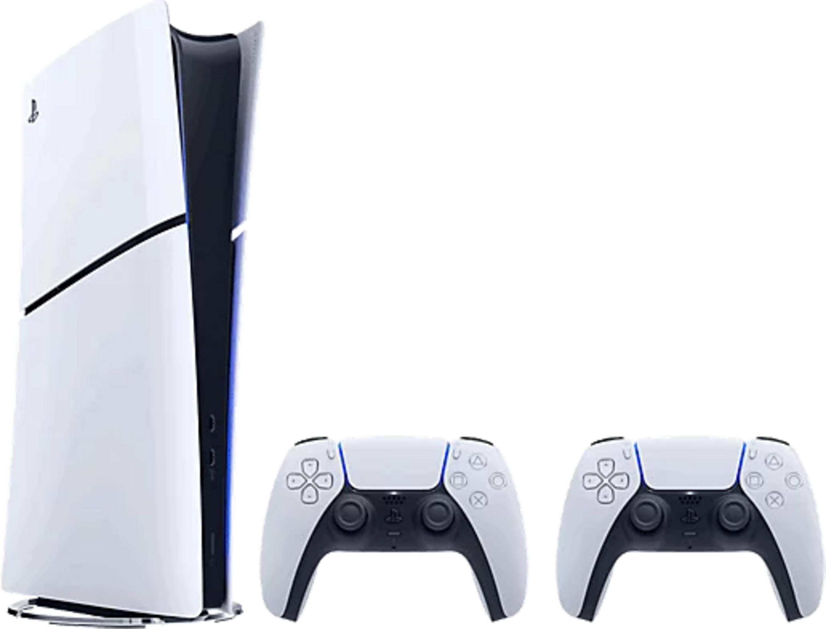 Una consola PlayStation 5 blanca con dos mandos blancos delante.