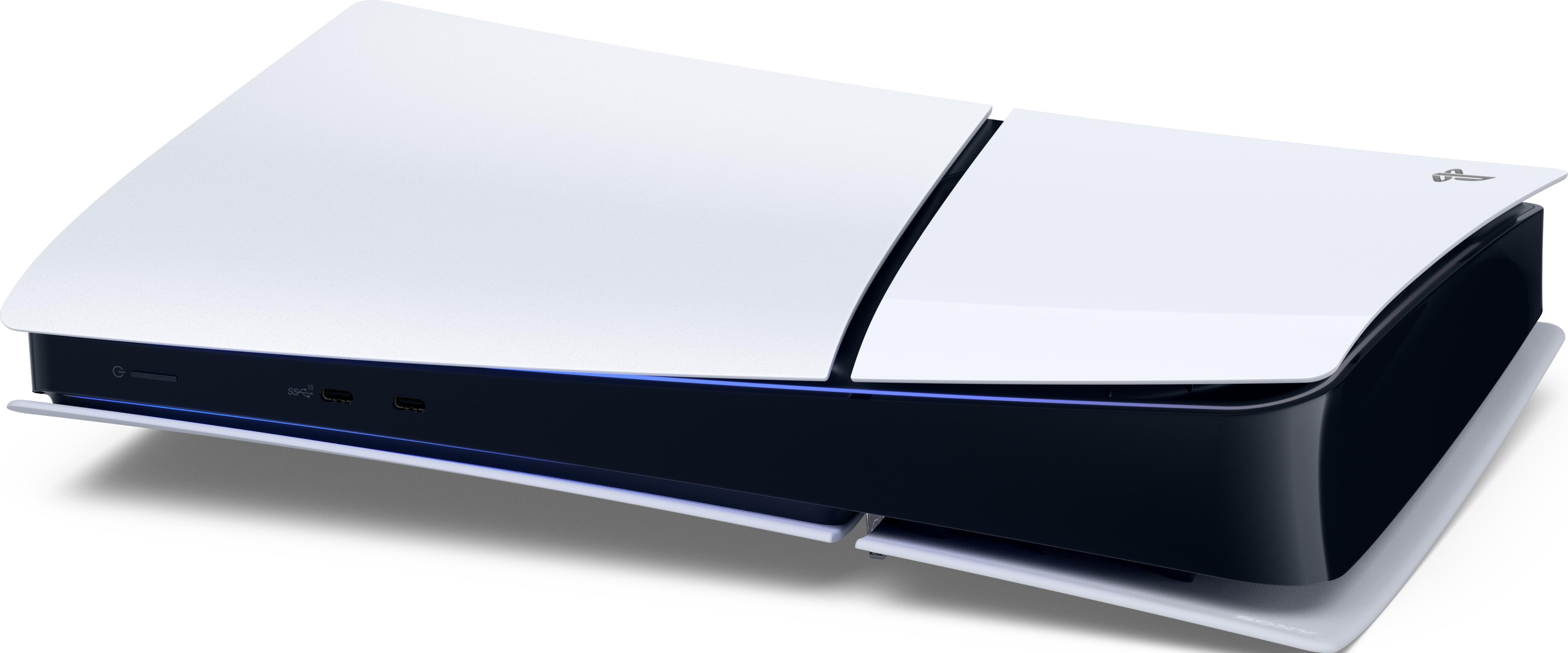 Una consola PlayStation 5 blanca y negra con iluminación azul.